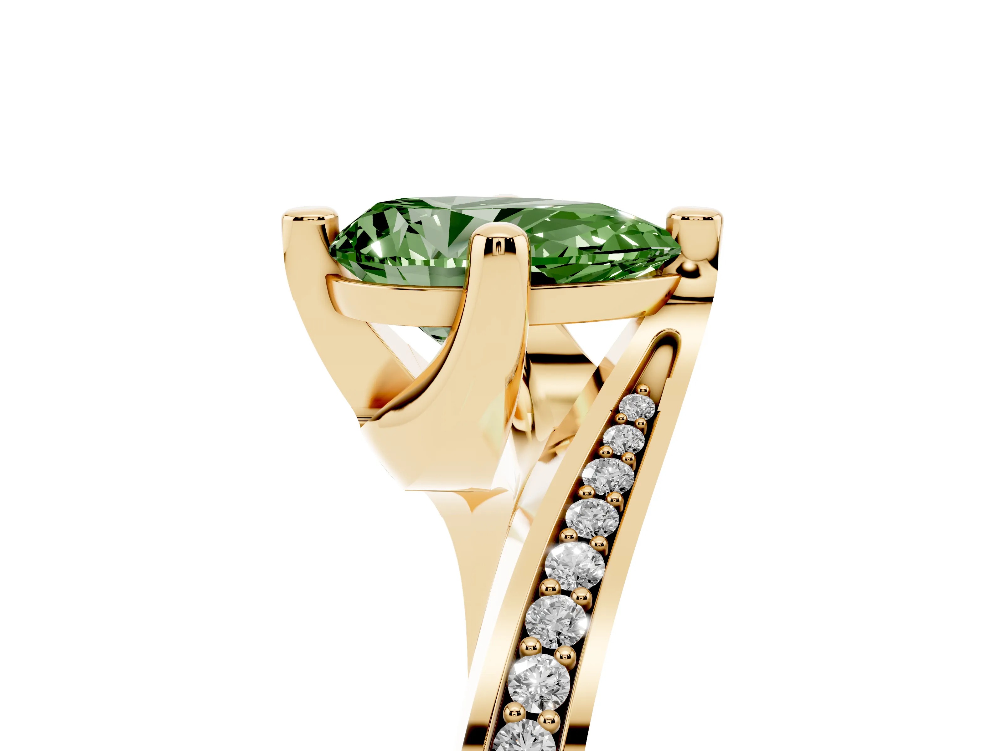 Fancy Green Pear Cut Diamond Solitaire Ring Set in Yellow gold with Intertwined Pavé Twist Band
