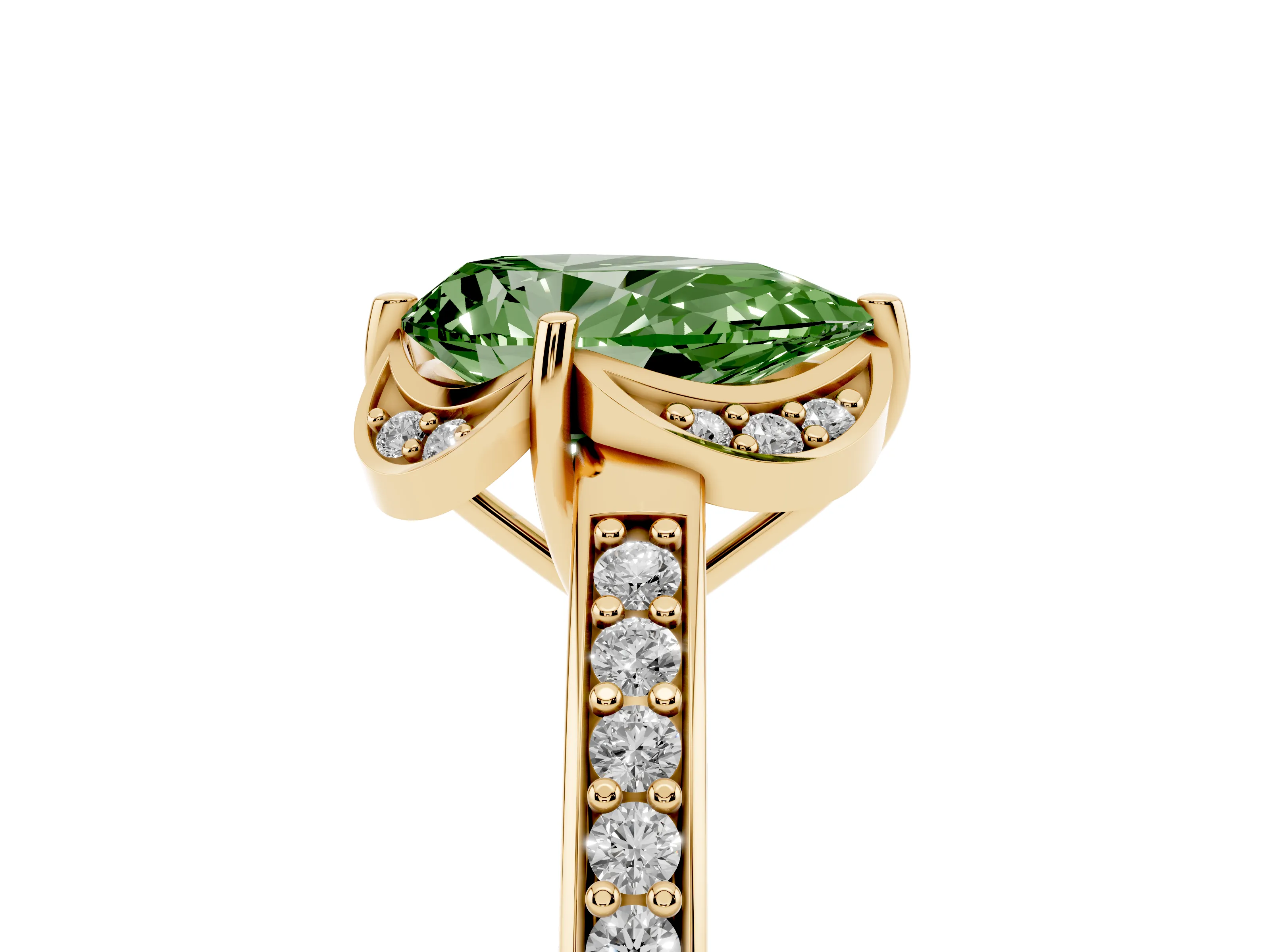 Fancy Green Pear Cut Diamond Halo Ring Set in Yellow gold with Channel Set Band and Prong Setting