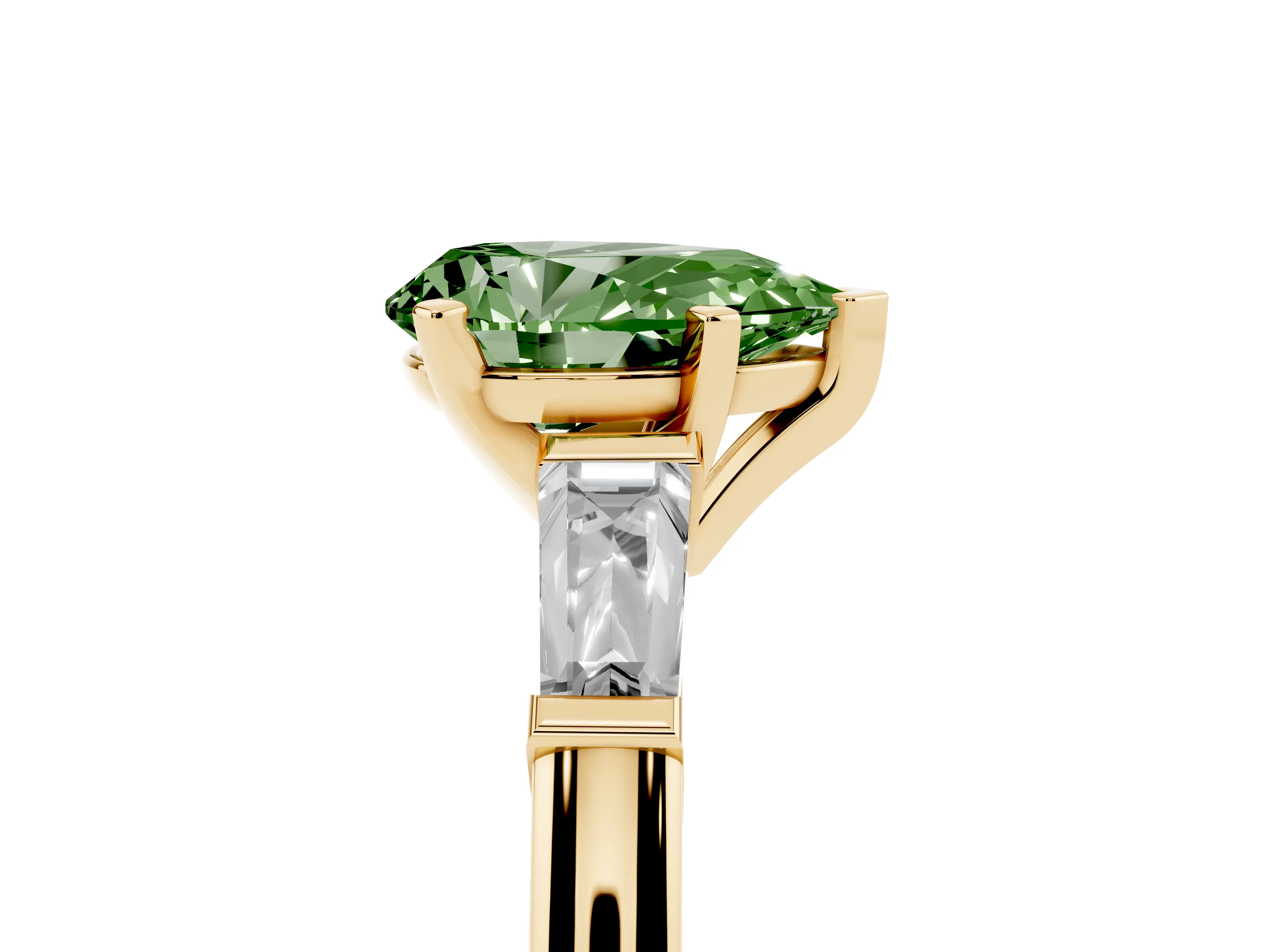Fancy Green Pear Cut Diamond Solitaire Ring Set in Yellow gold with Tapered Baguette Side Stones and Prong Setting