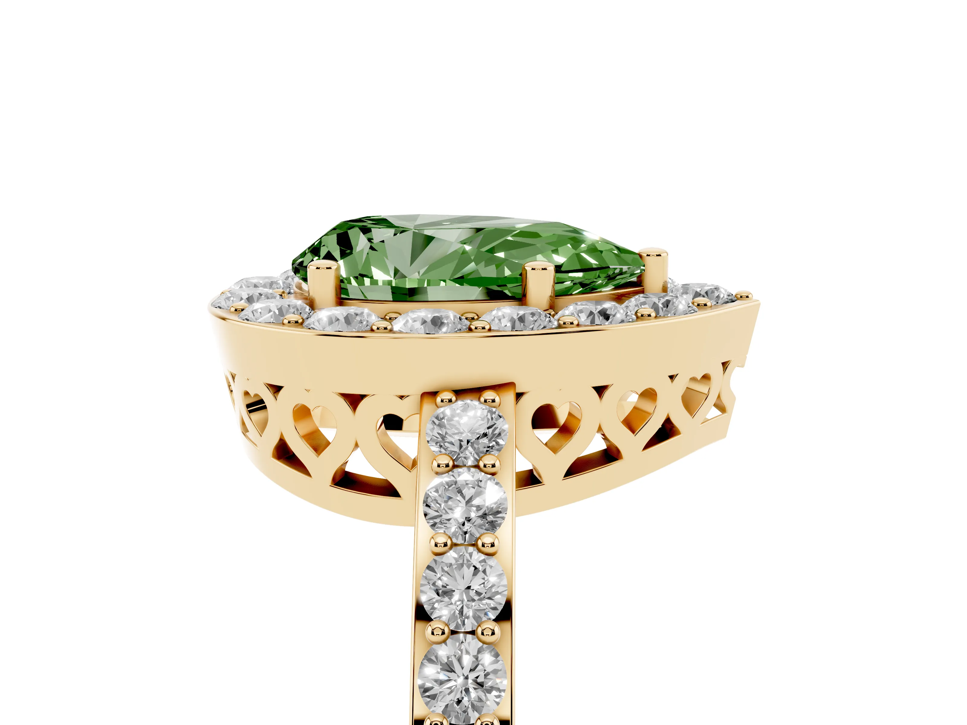 Fancy Green Pear Cut Diamond Halo Ring Set in Yellow gold with Pavé-Setting Band and Open Prong Center
