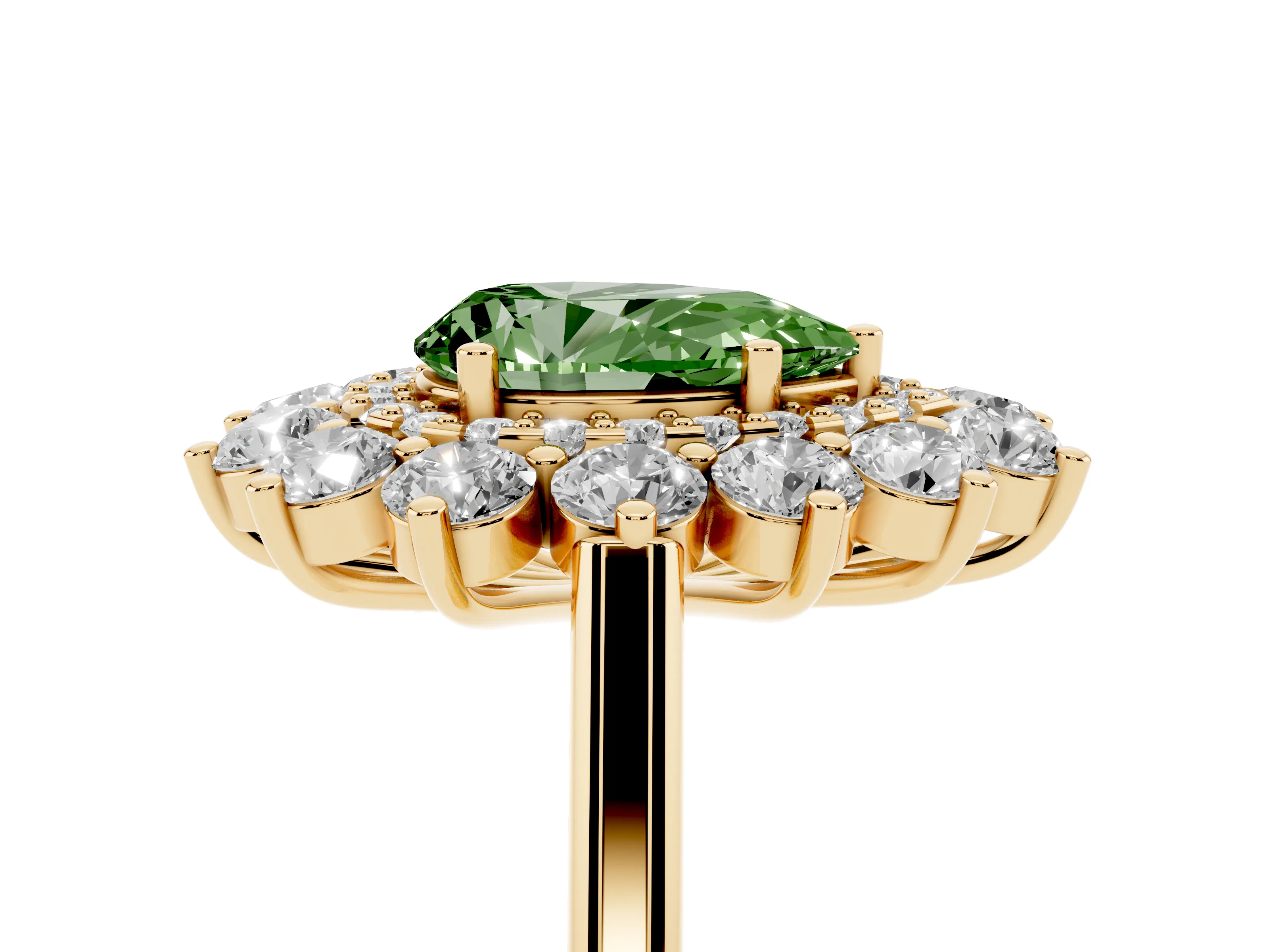 Fancy Green Pear Cut Diamond Floral Double Halo Ring Set in Yellow gold with Round Petals