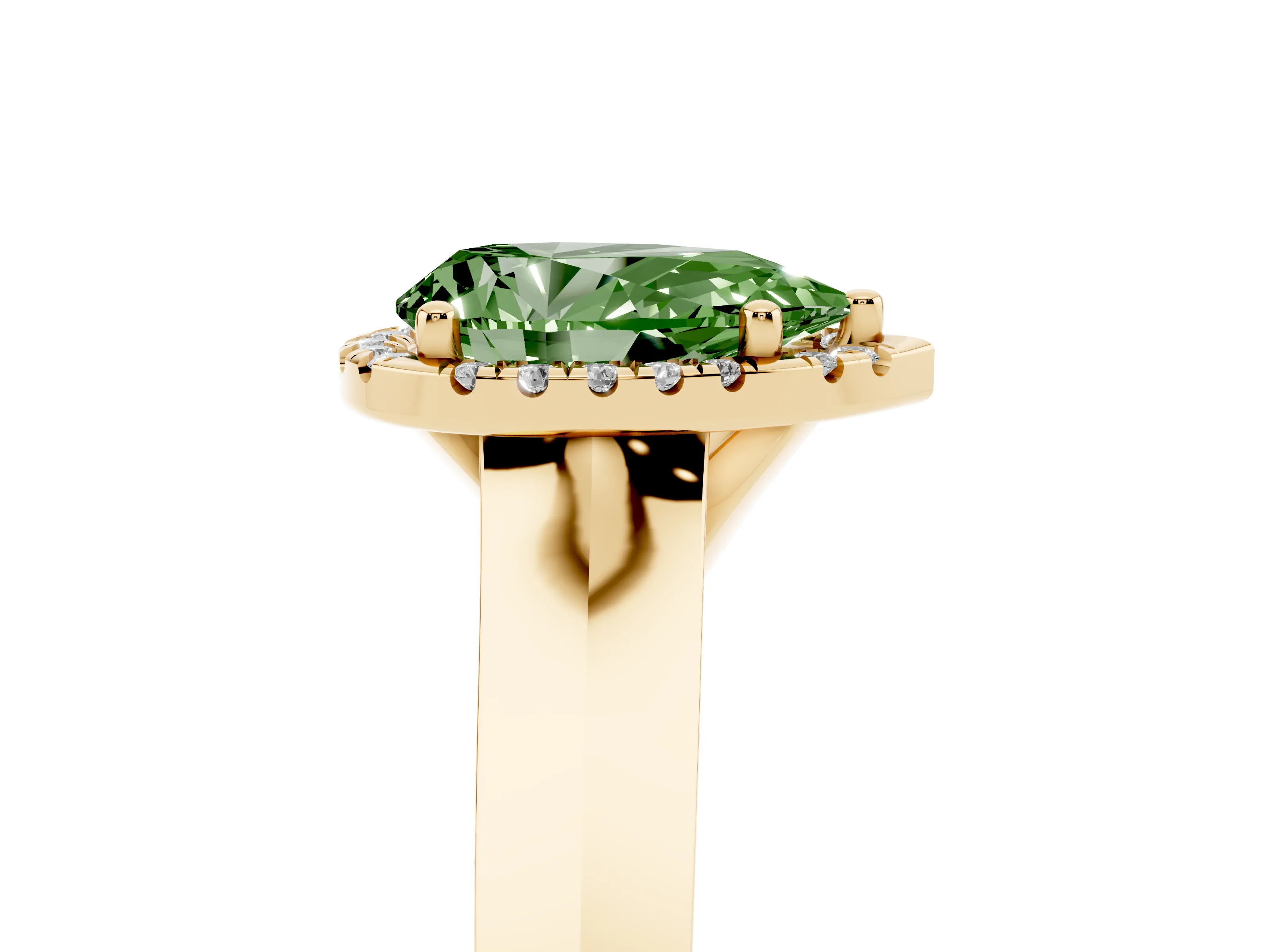 Fancy Green Pear Cut Diamond Halo Ring Set in Yellow gold with Cathedral Band and Prong Setting