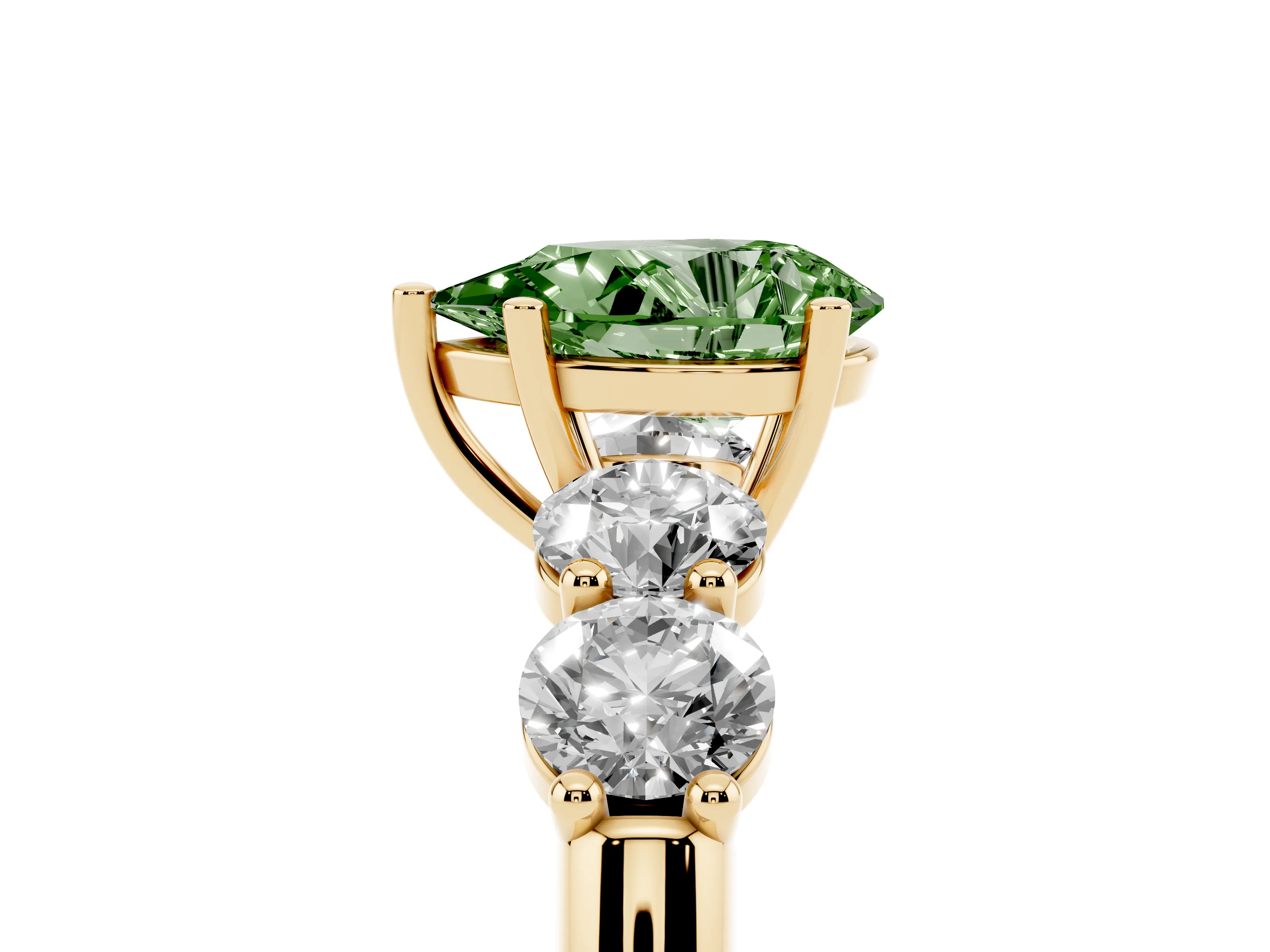 Fancy Green Pear Cut Diamond Five-Stone Prong Set Ring Set in Yellow gold with Classic Band
