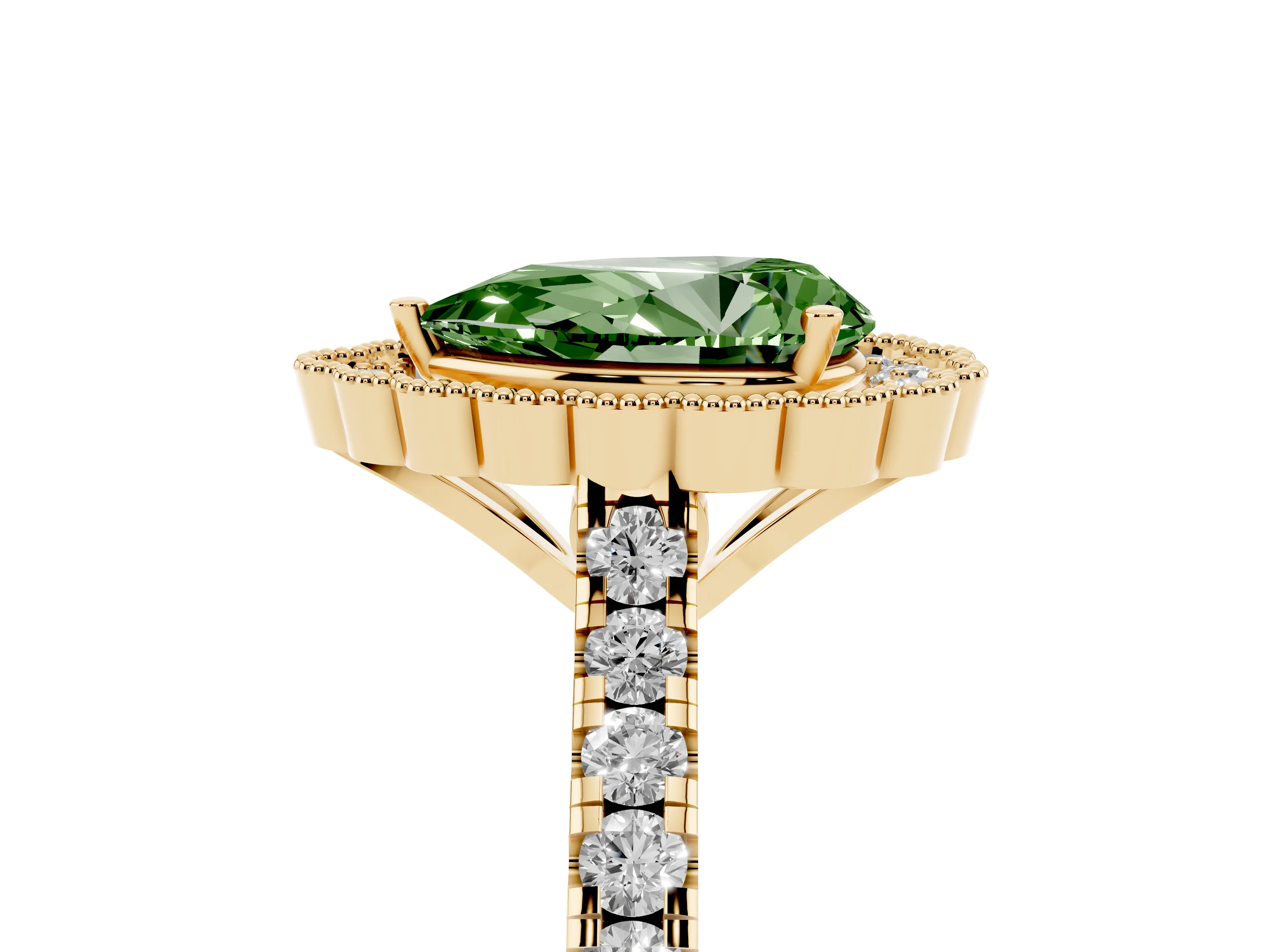 Fancy Green Pear Cut Diamond Milgrain Floral Halo Engagement Ring Set in Yellow gold with Pavé Band