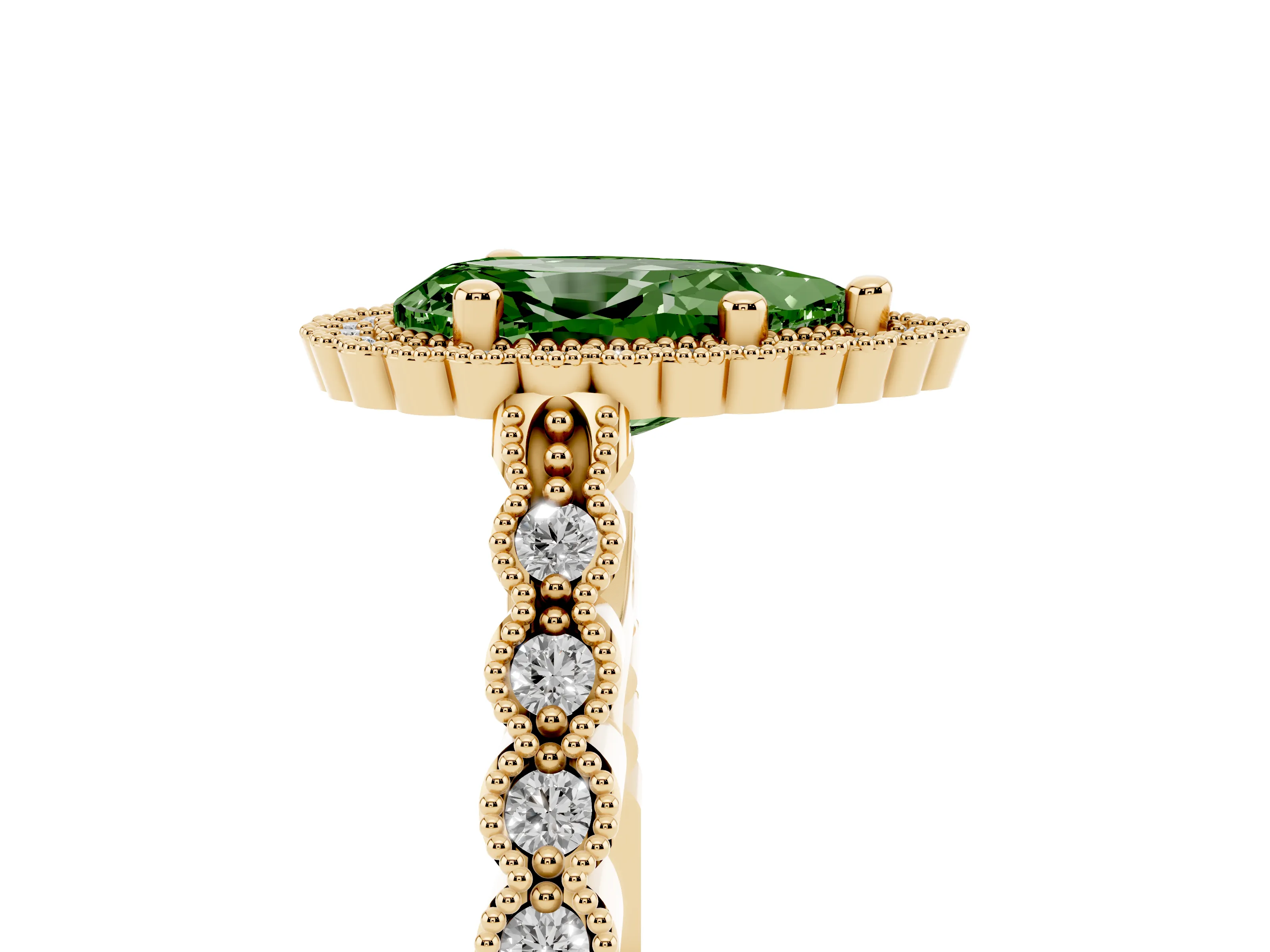 Fancy Green Pear Cut Diamond Halo Ring Set in Yellow gold with Pavé Milgrain Band