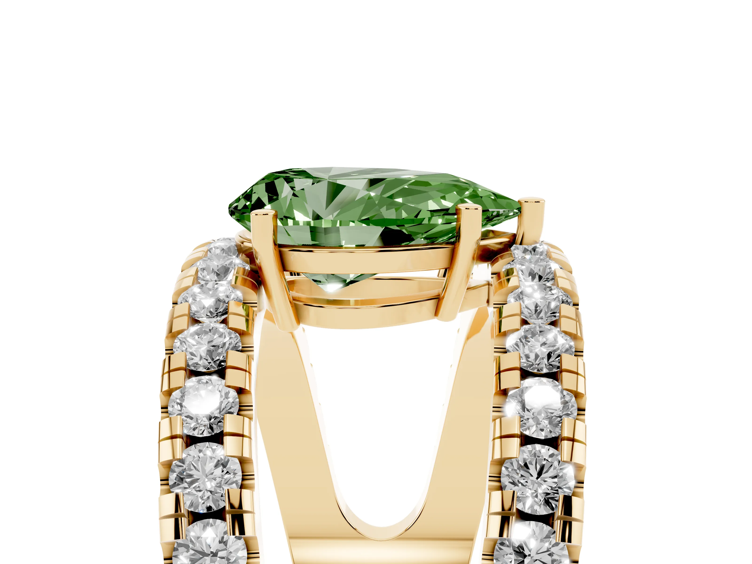 Fancy Green Pear Cut Diamond Split Shank Pavé Solitaire Ring Set in Yellow gold with Open Shank Design