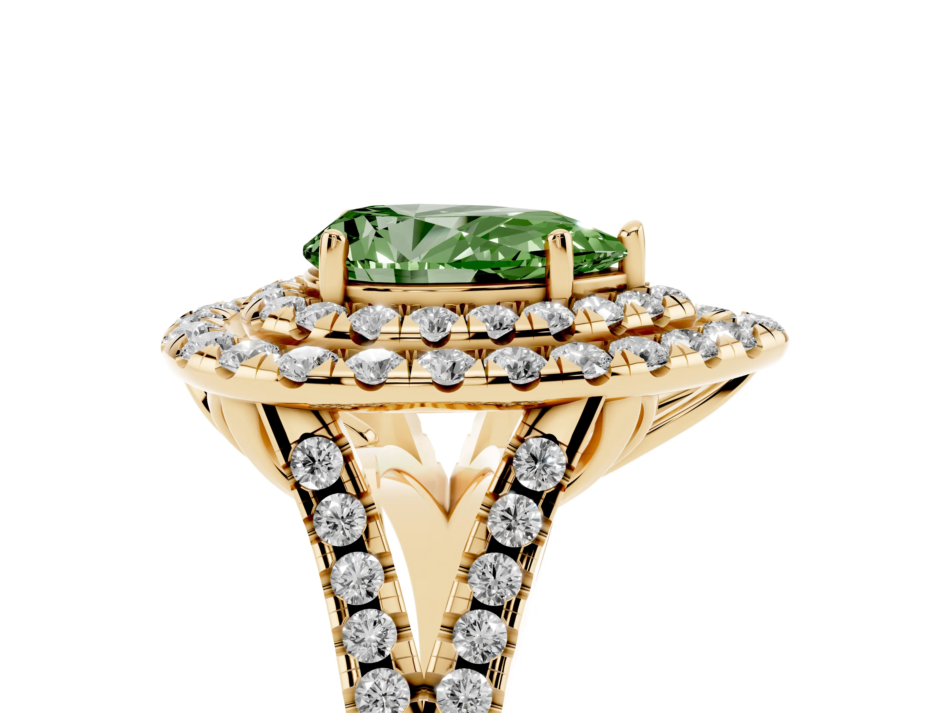 Fancy Green Pear Cut Diamond Double Halo Ring Set in Yellow gold with Pavé Split Shank and Prong Setting