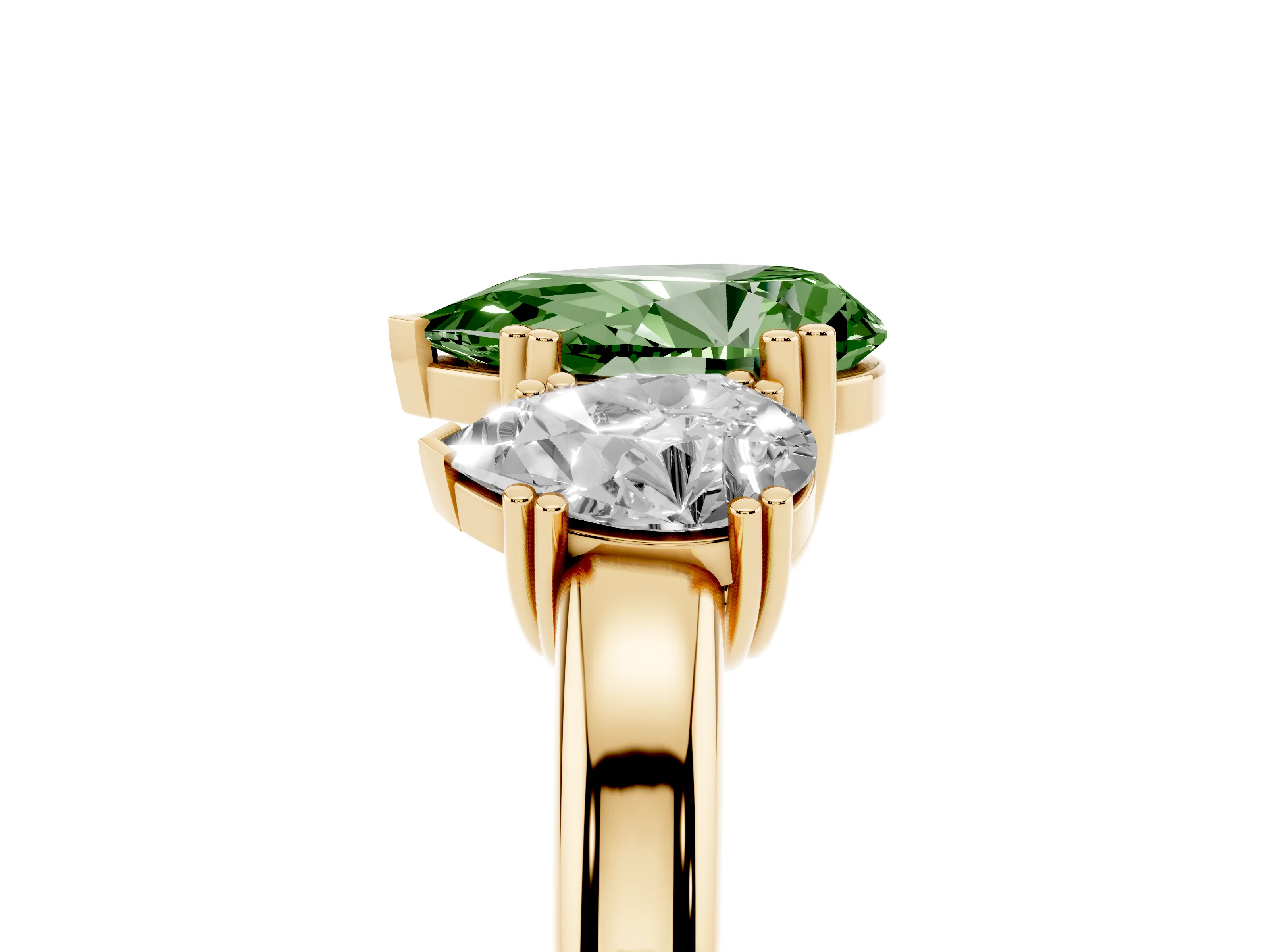 Fancy Green Pear Cut Diamond Three-Stone Ring Set in Yellow gold with Polished Channel-Set Band