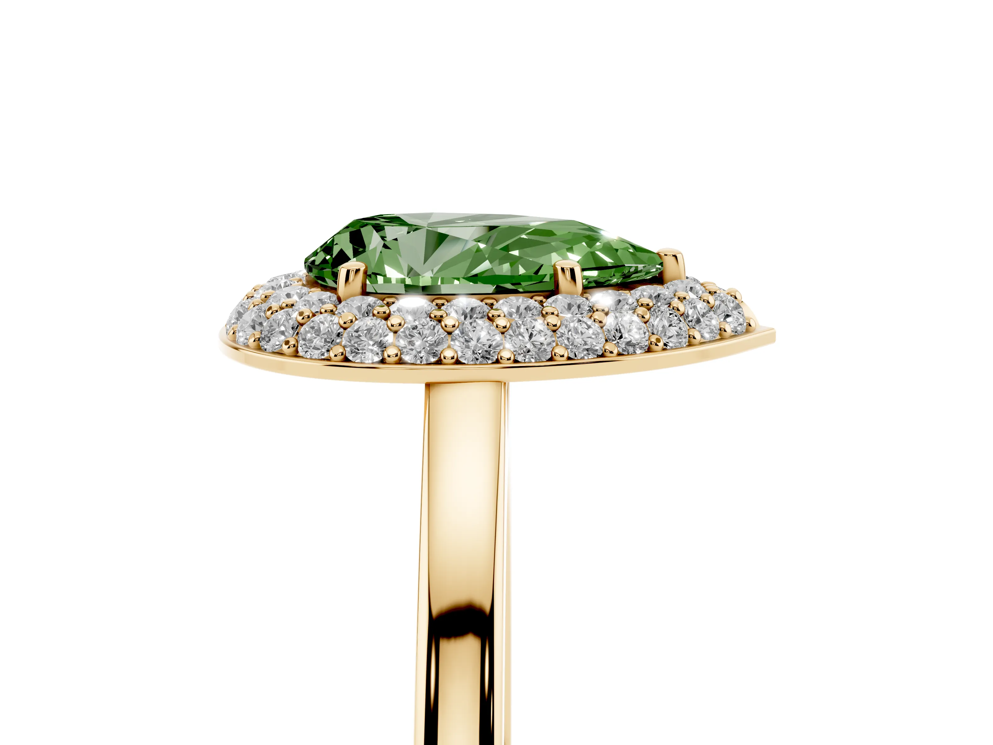Fancy Green Pear Cut Diamond Halo Engagement Ring Set in Yellow gold with Solitaire Band and Prong Setting