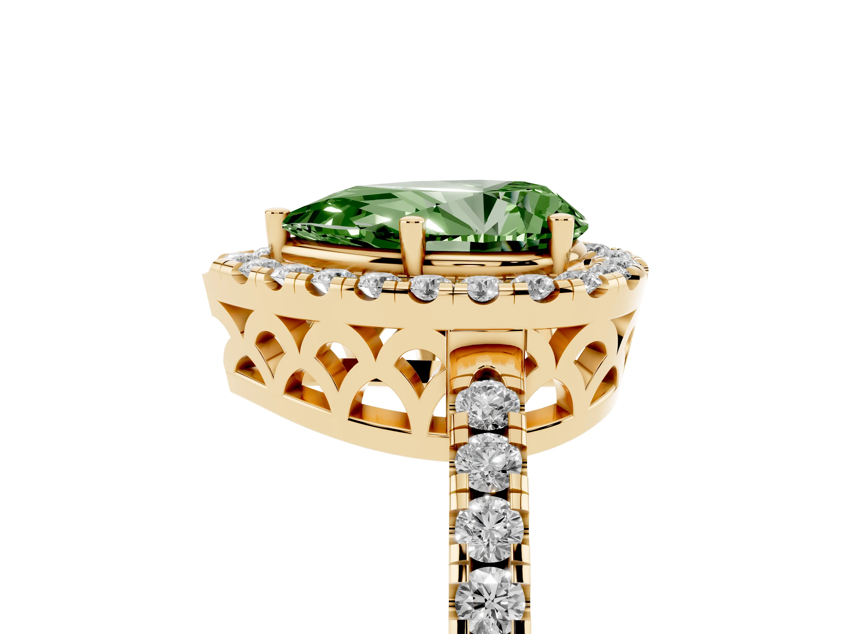 Fancy Green Pear Cut Diamond Pavé Band Halo Engagement Ring Set in Yellow gold with Prong Setting