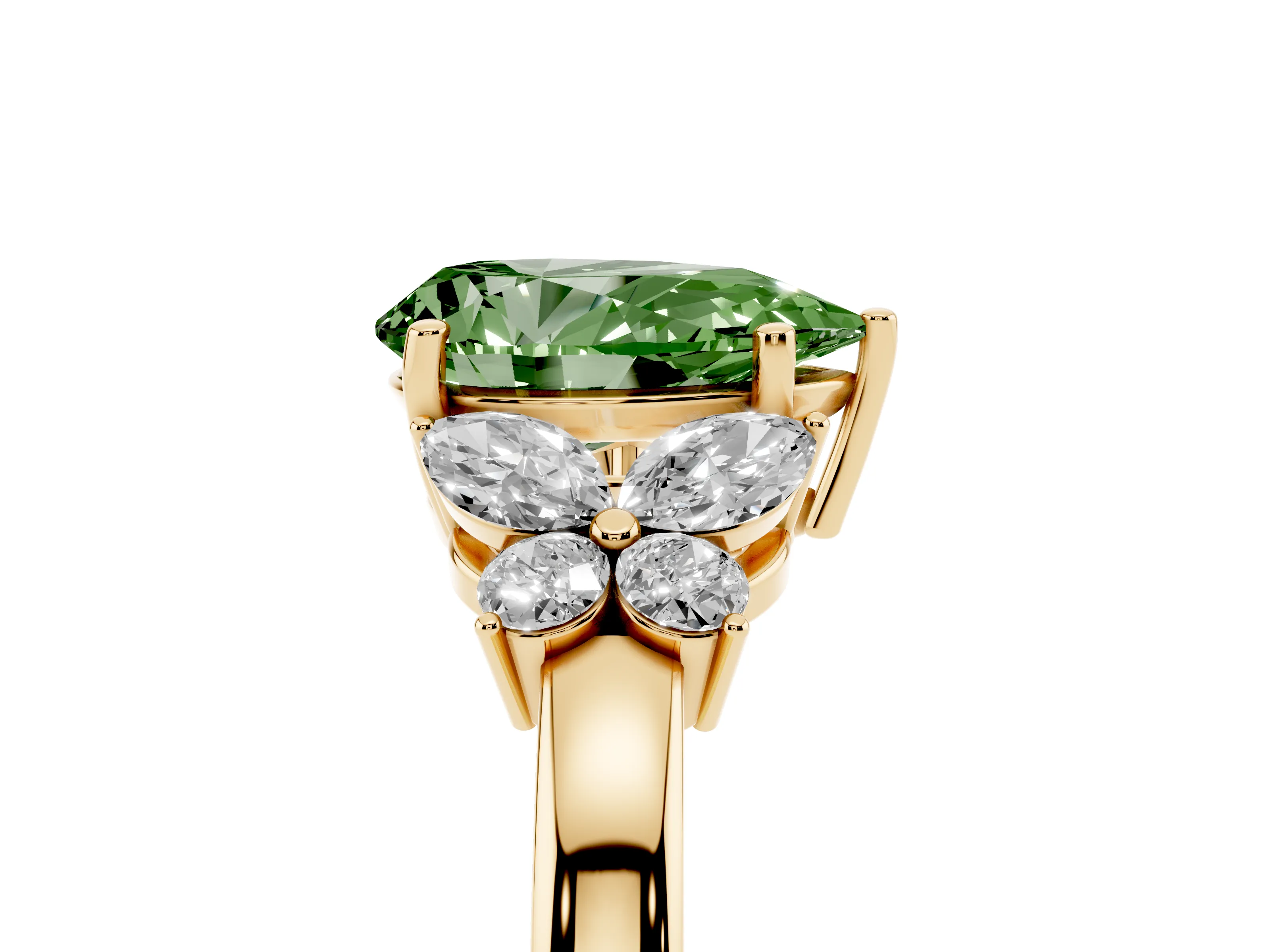 Fancy Green Pear Cut Diamond Solitaire Floral Ring Set in Yellow gold with Marquise Petals and Prong Setting