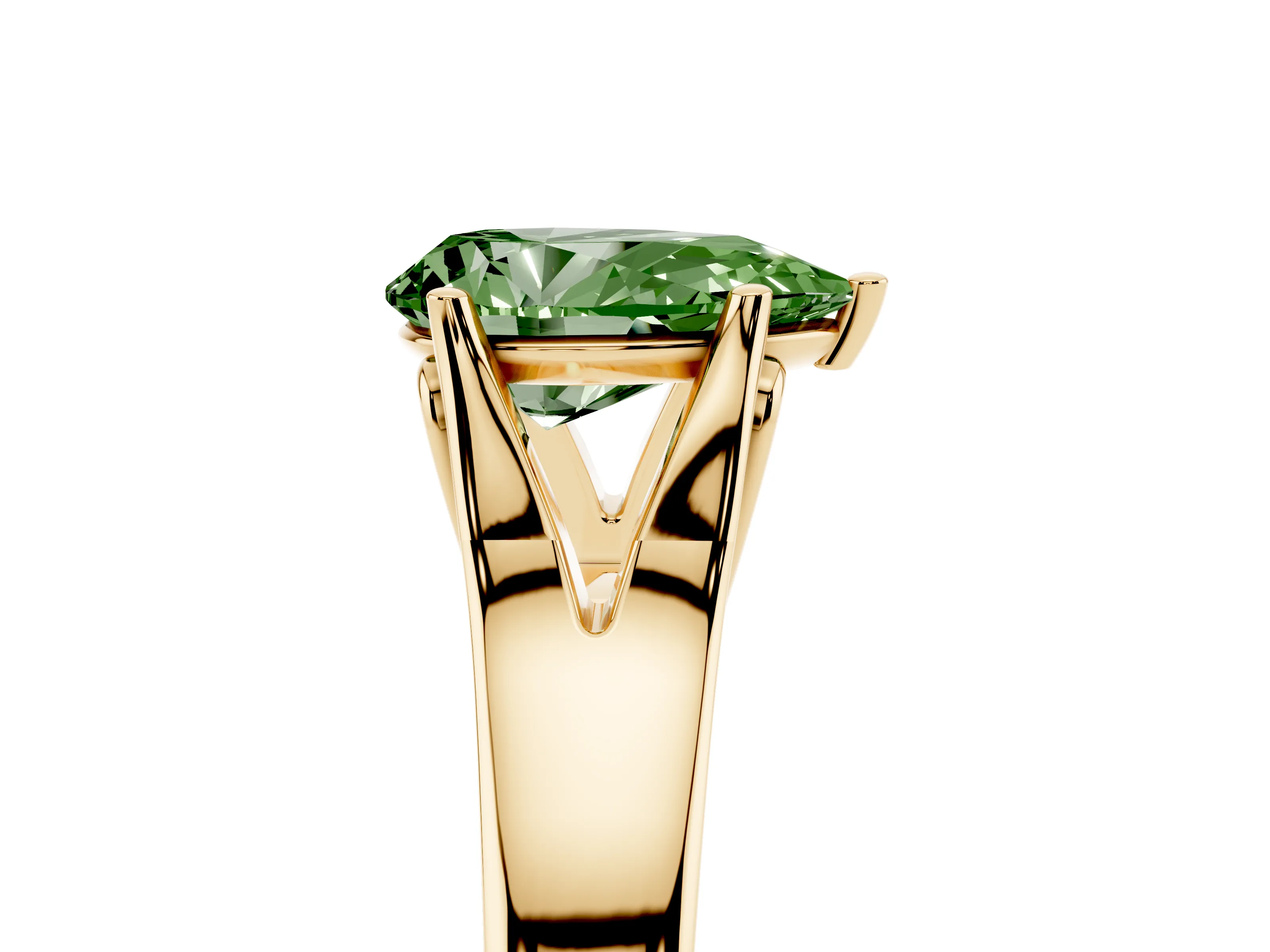 Fancy Green Pear Cut Diamond Solitaire Ring Set in Yellow gold with Arched Cathedral Band and Prong Setting