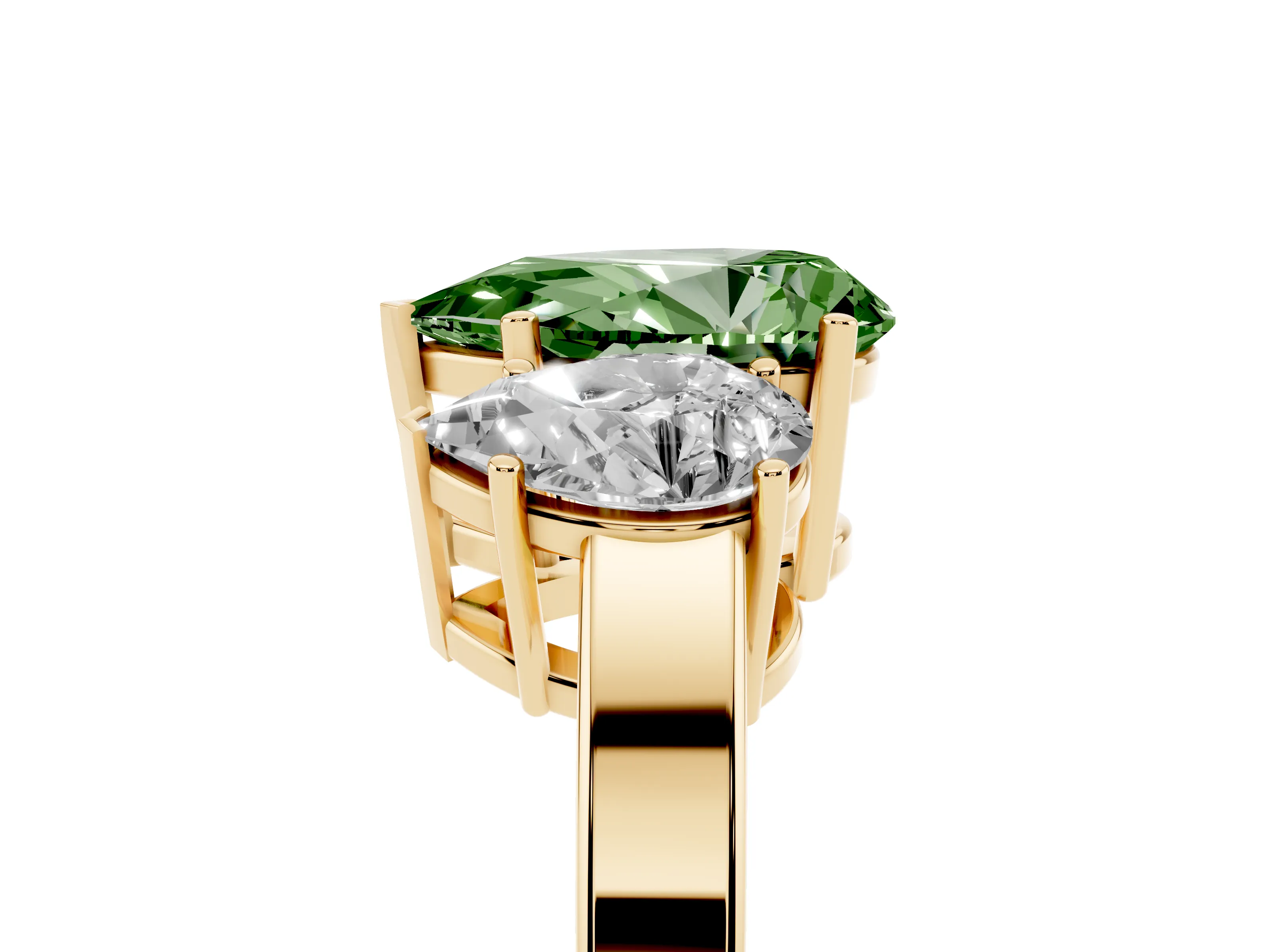 Fancy Green Pear Cut Diamond Three-Stone Engagement Ring Set in Yellow gold with Flat Band