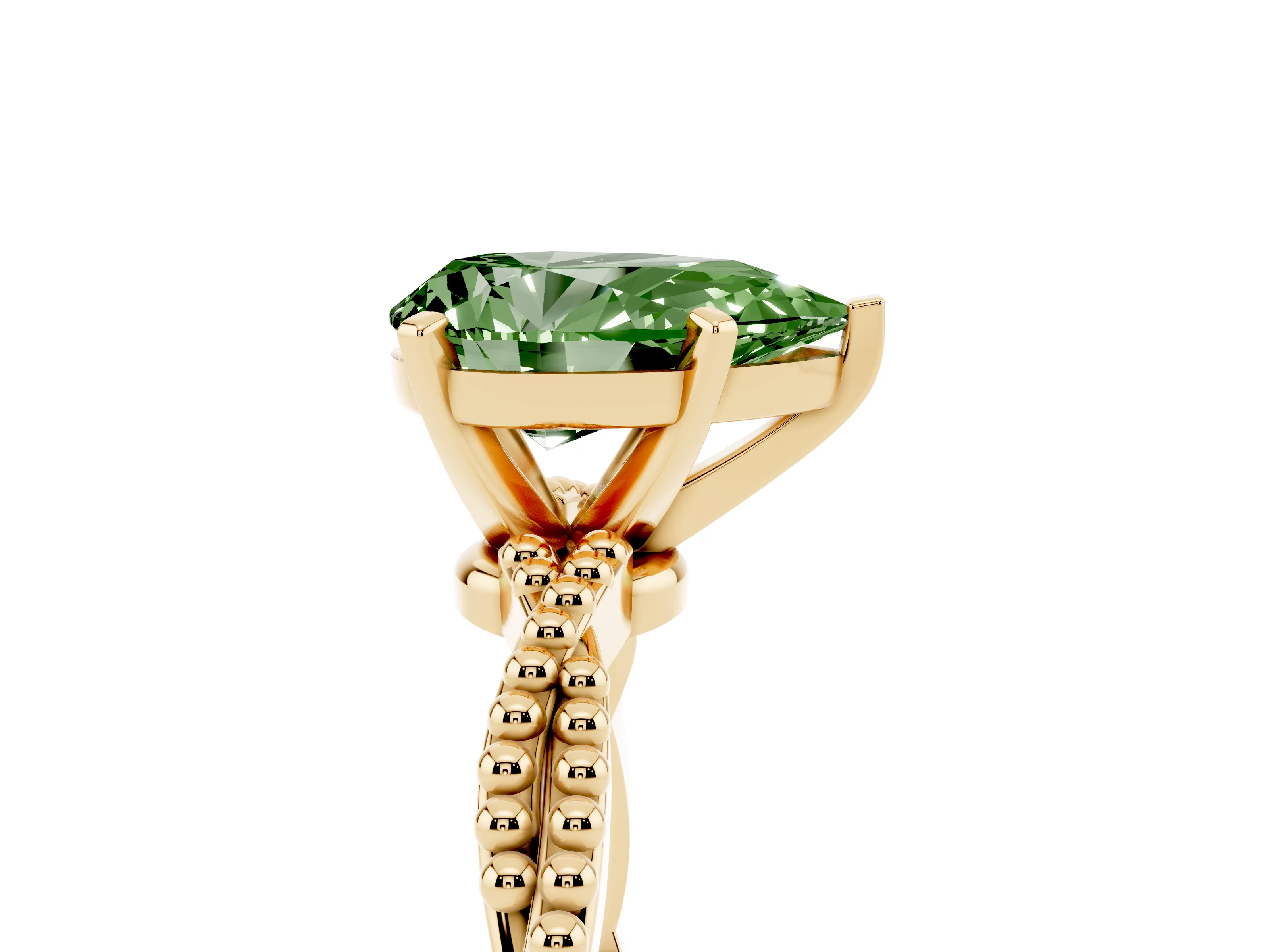 Fancy Green Pear Cut Diamond Solitaire Ring Set in Yellow gold with Twisted Band and Bead Prong Setting