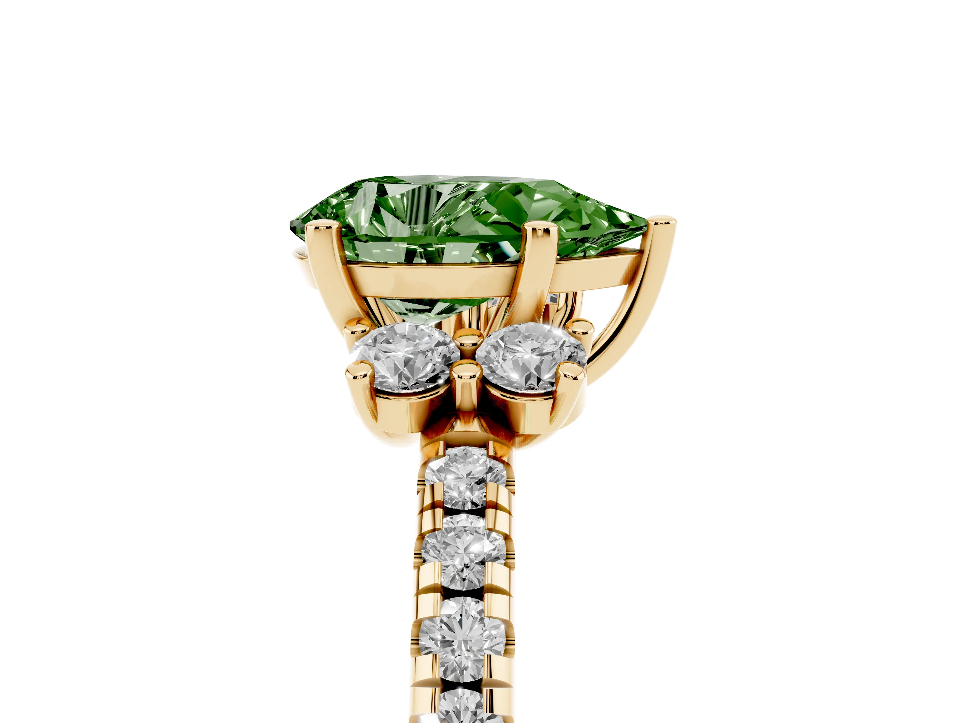 Fancy Green Pear Cut Diamond Three-Stone Pavé Ring Set in Yellow gold with Prong Setting