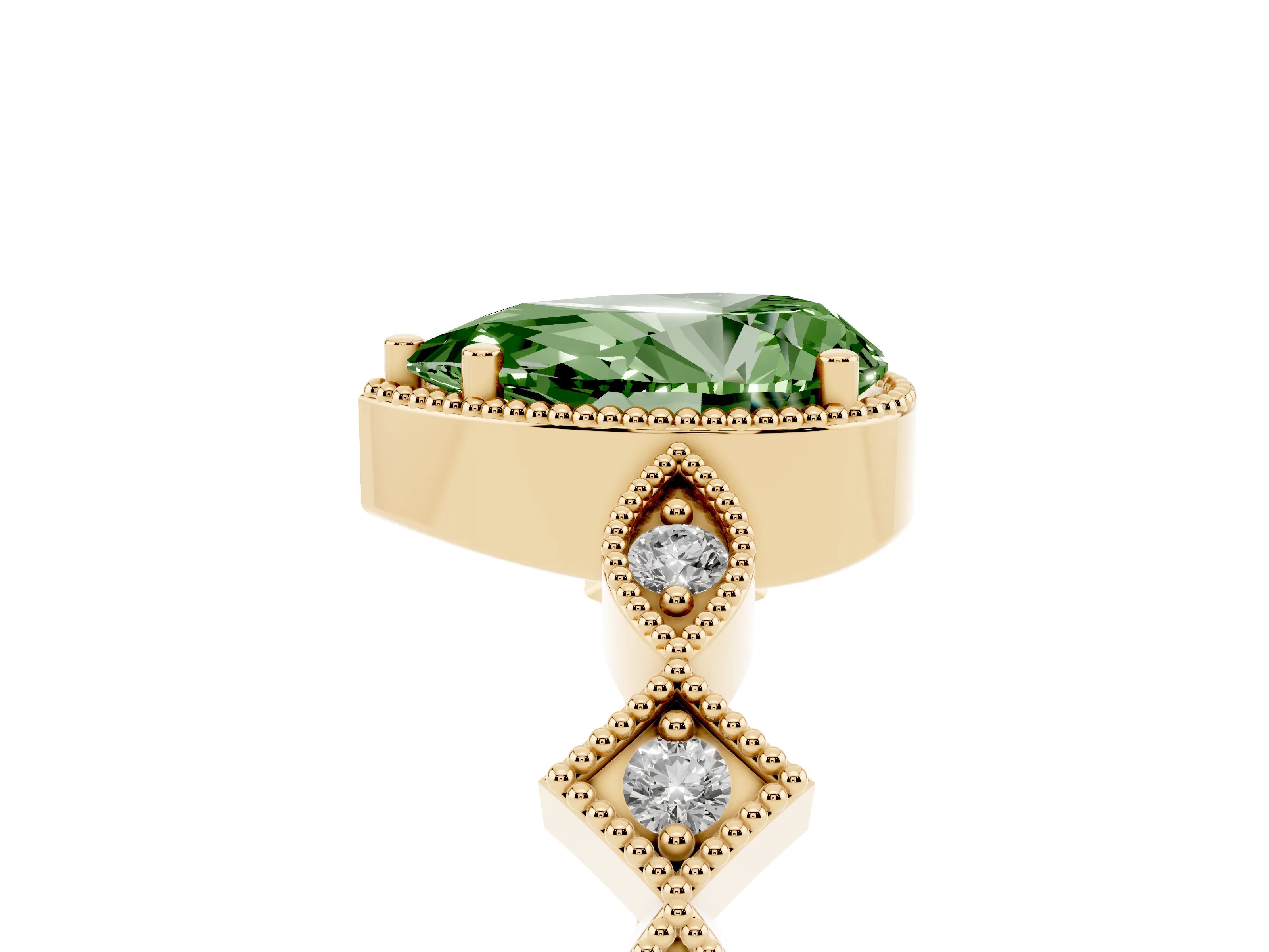 Fancy Green Pear Cut Diamond Milgrain Marquise Twist Band Ring Set in Yellow gold with Prong Setting
