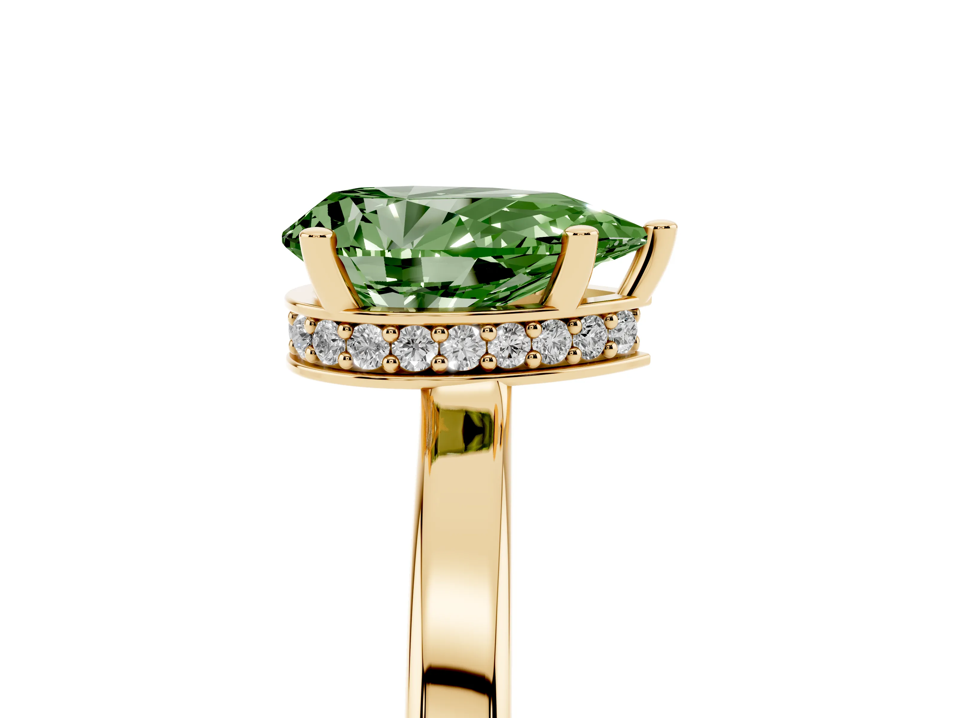 Fancy Green Pear Cut Diamond Solitaire Engagement Ring Set in Yellow gold with Prong Setting on a Plain Band