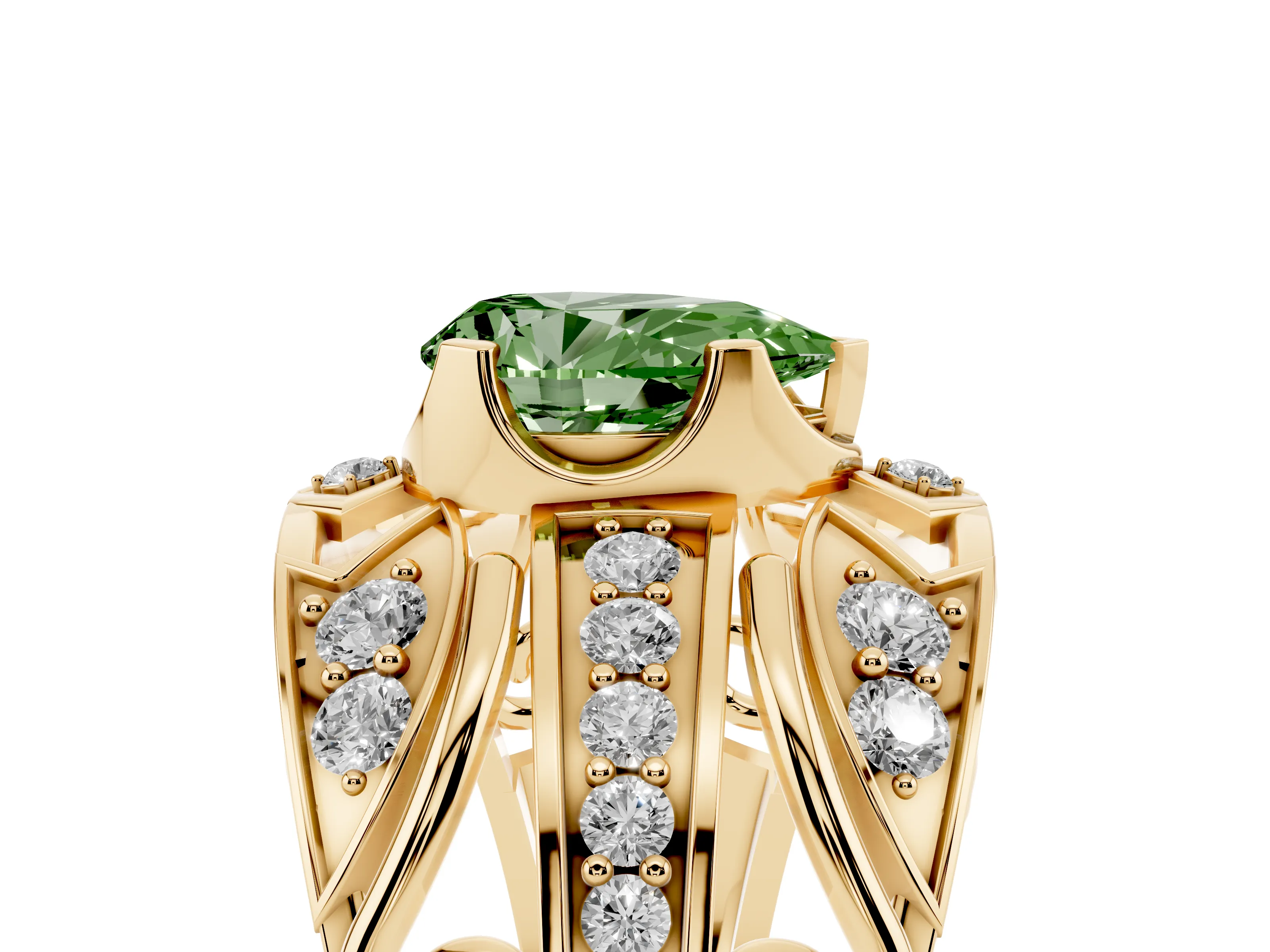 Fancy Green Pear Cut Diamond Art Deco Ring Set in Yellow gold with Pavé Split Shank