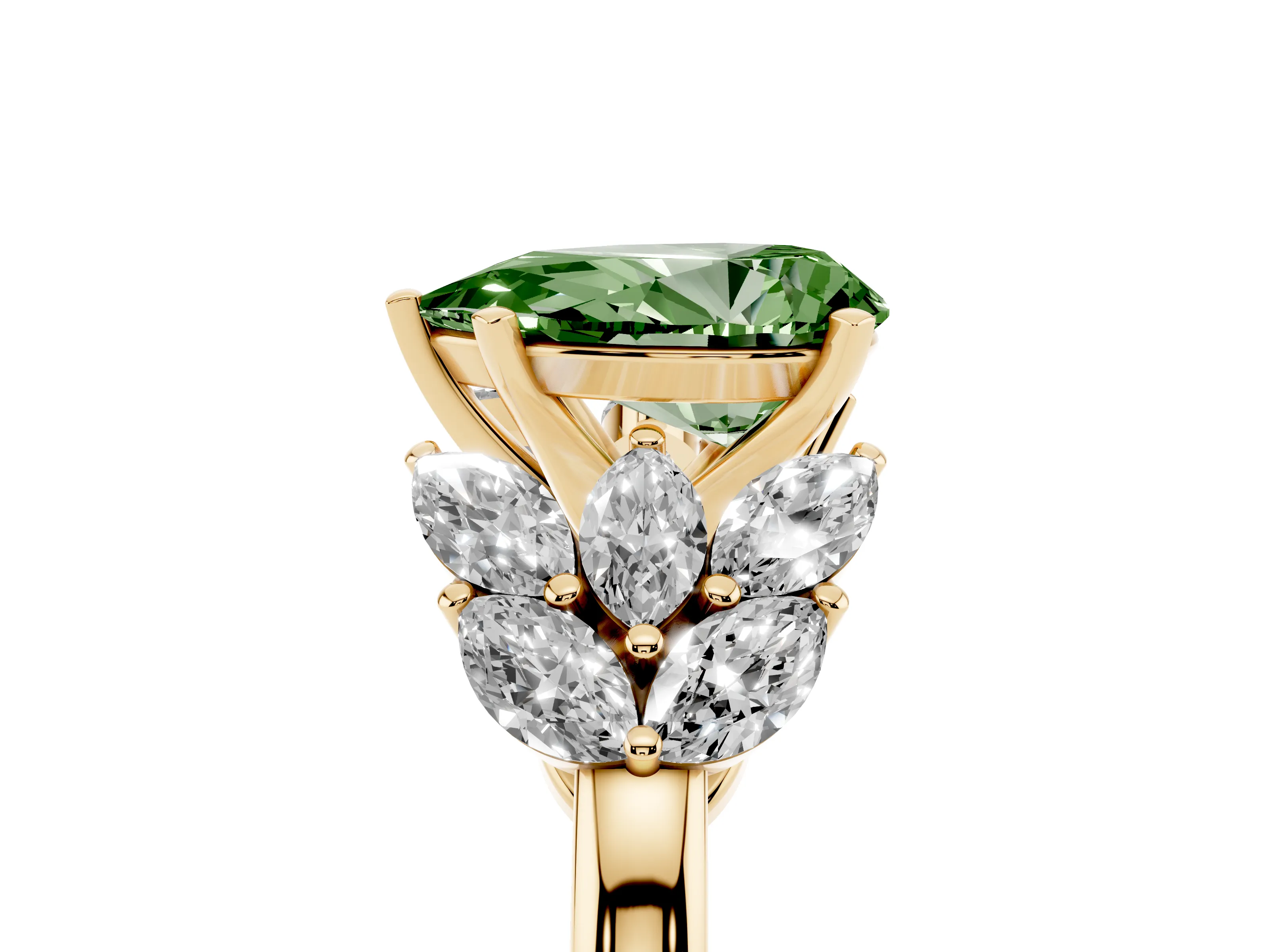 Fancy Green Pear Cut Diamond Cluster Leaf Design Ring Set in Yellow gold with Prong Setting