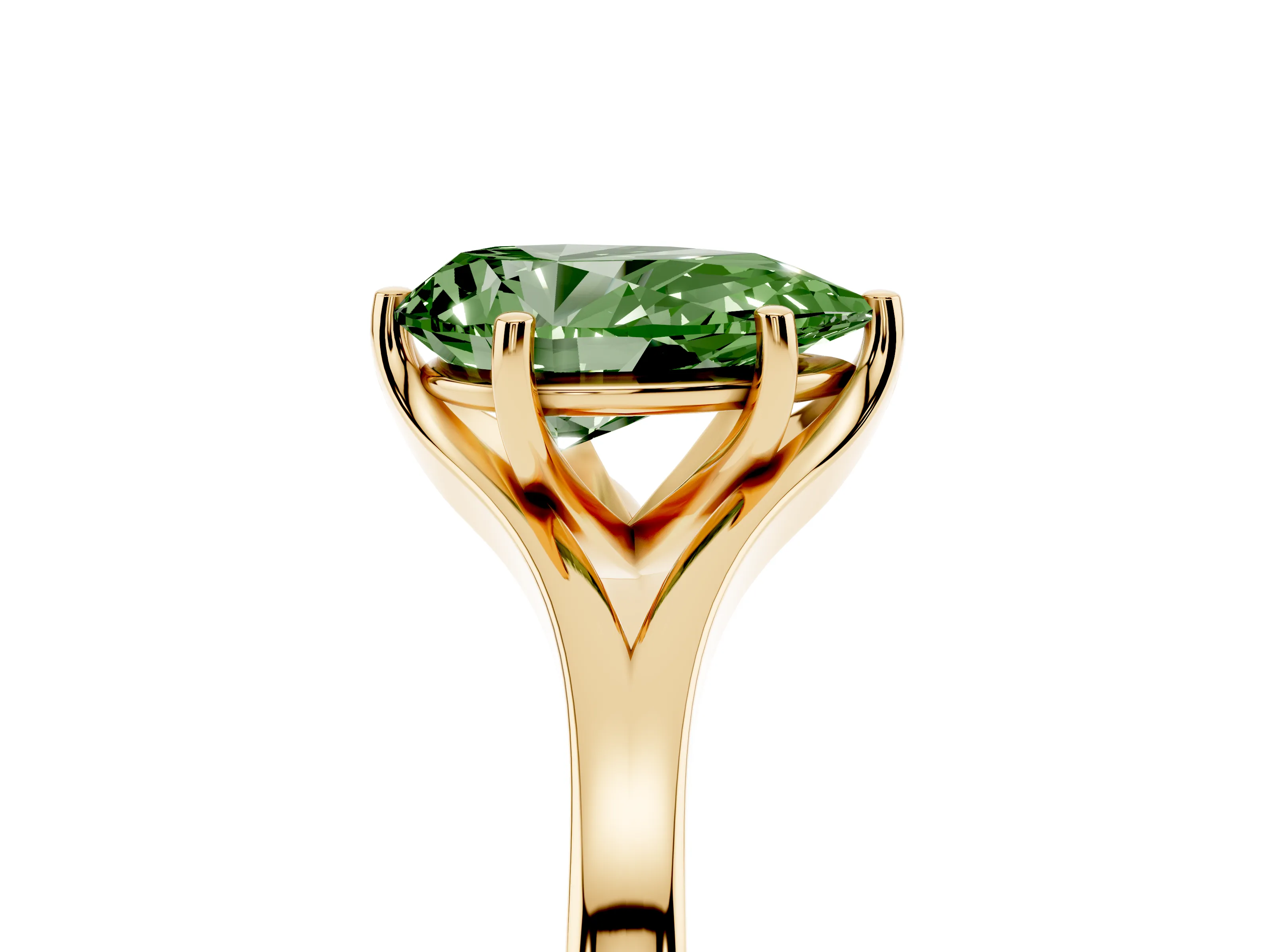 Fancy Green Pear Cut Diamond Solitaire Ring Set in Yellow gold with Polished Tapered Band and Prong Setting