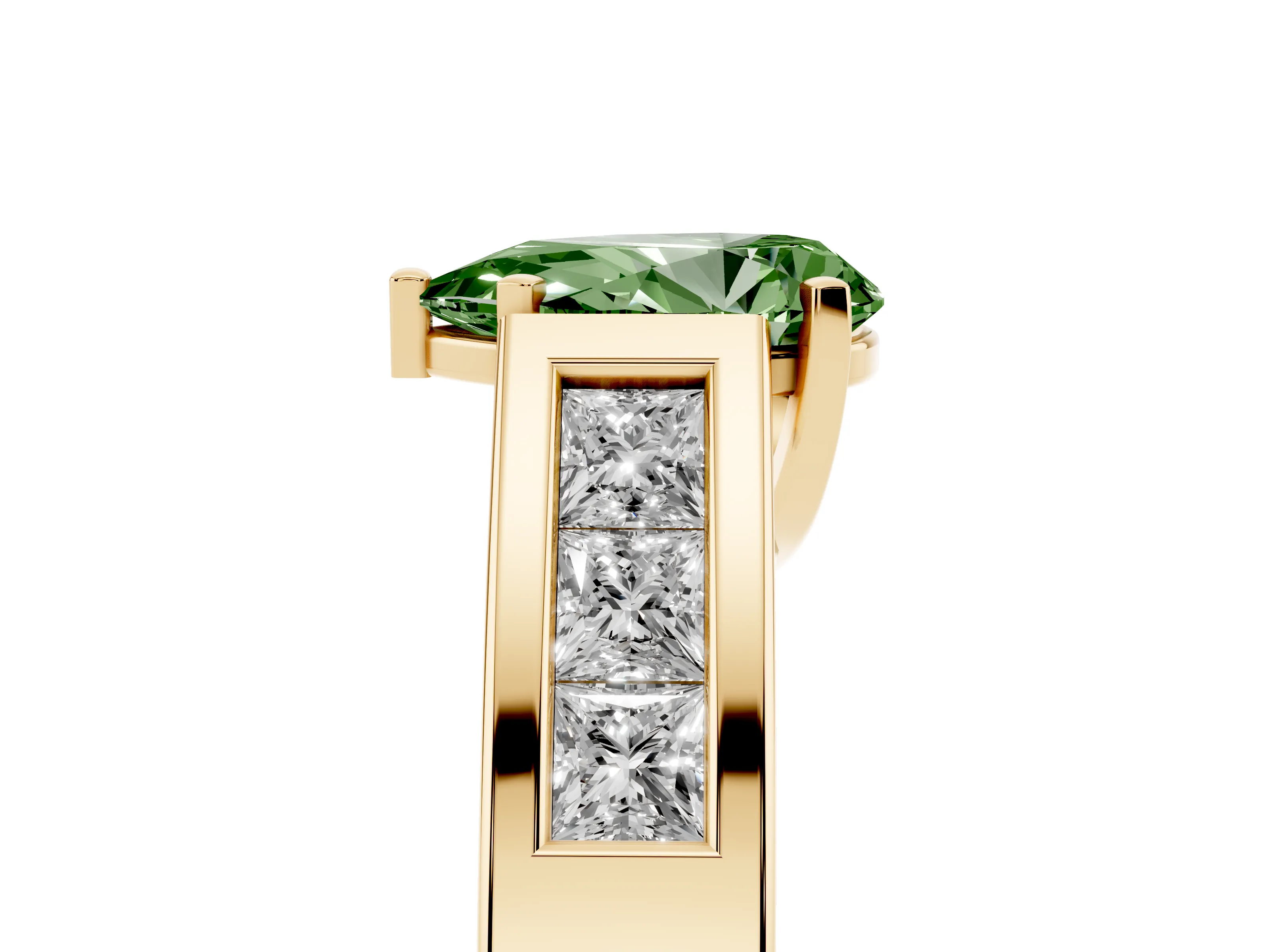 Fancy Green Pear Cut Diamond Solitaire Ring Set in Yellow gold with Channel-Set Accent Stones and Prong Setting