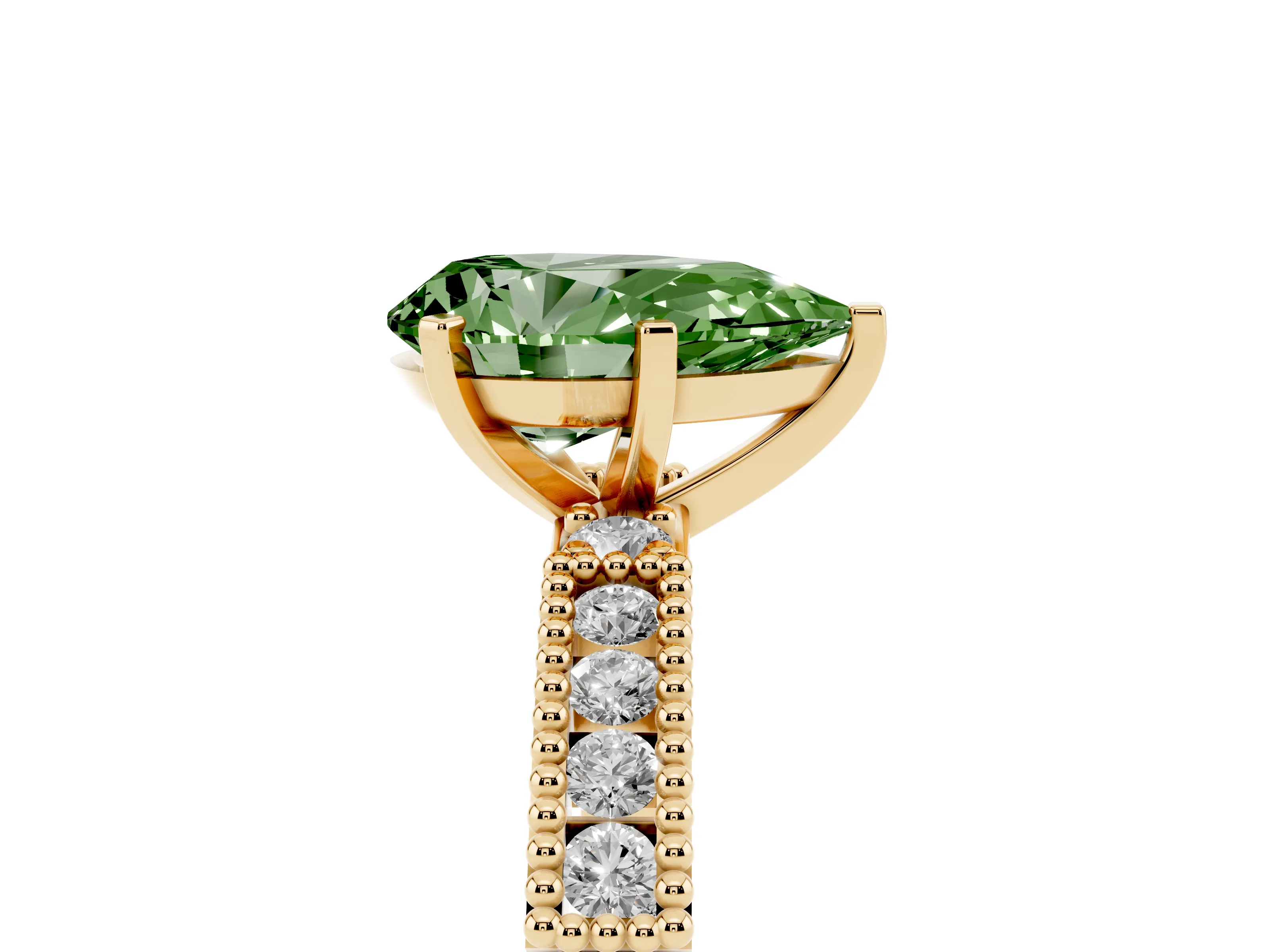 Fancy Green Pear Cut Diamond Solitaire Ring Set in Yellow gold with Slim Pavé Band and Prong Setting
