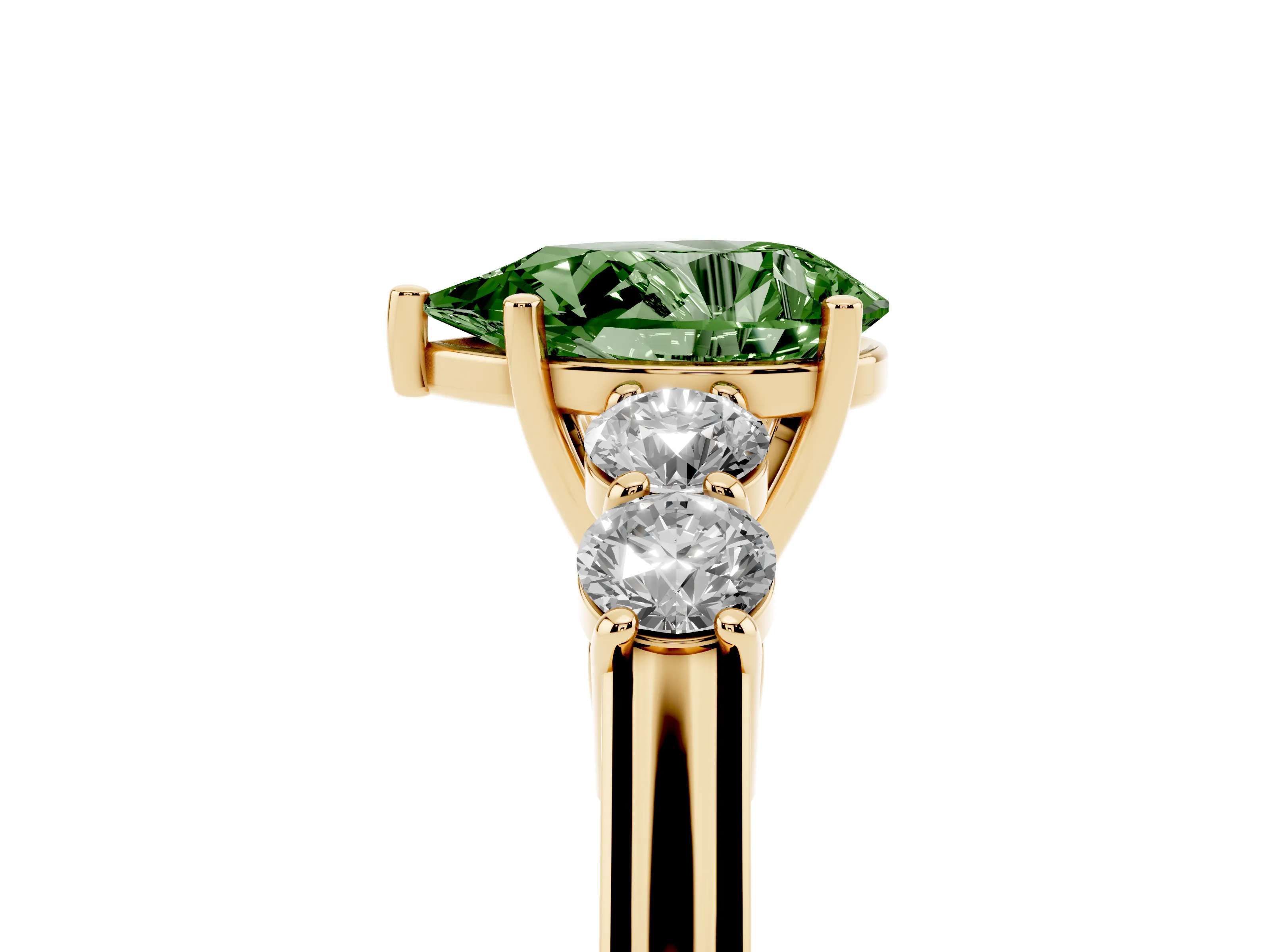 Fancy Green Pear Cut Diamond Five-Stone Prong Set Band Ring Set in Yellow gold with Polished Band