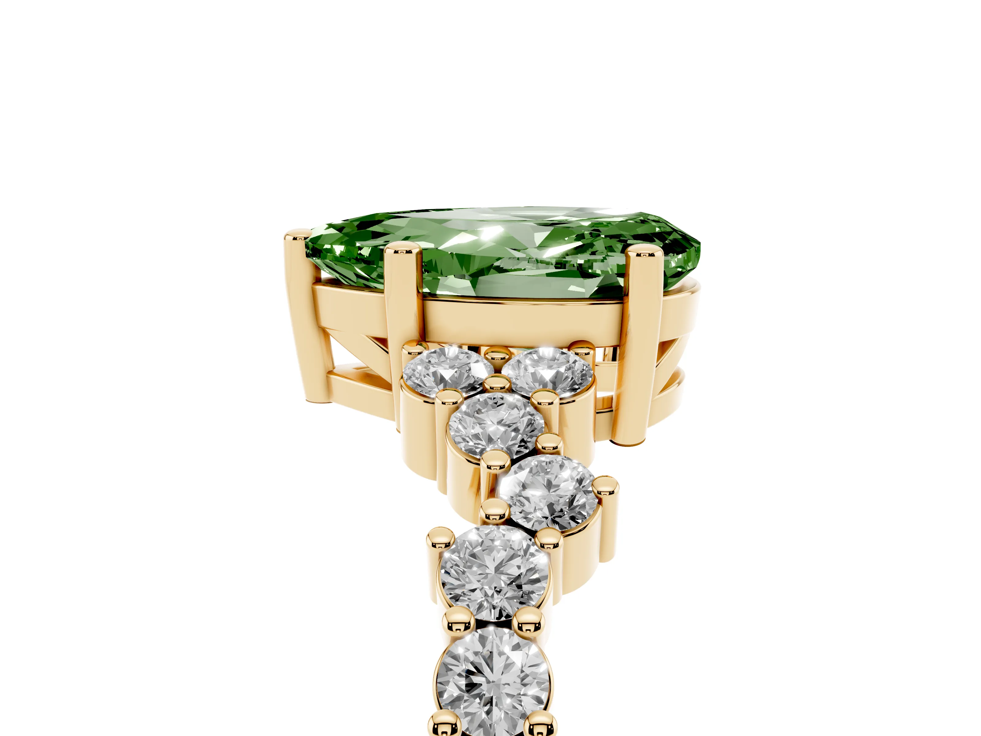 Fancy Green Pear Cut Diamond Ring Set in Yellow gold with Scattered Round Accents