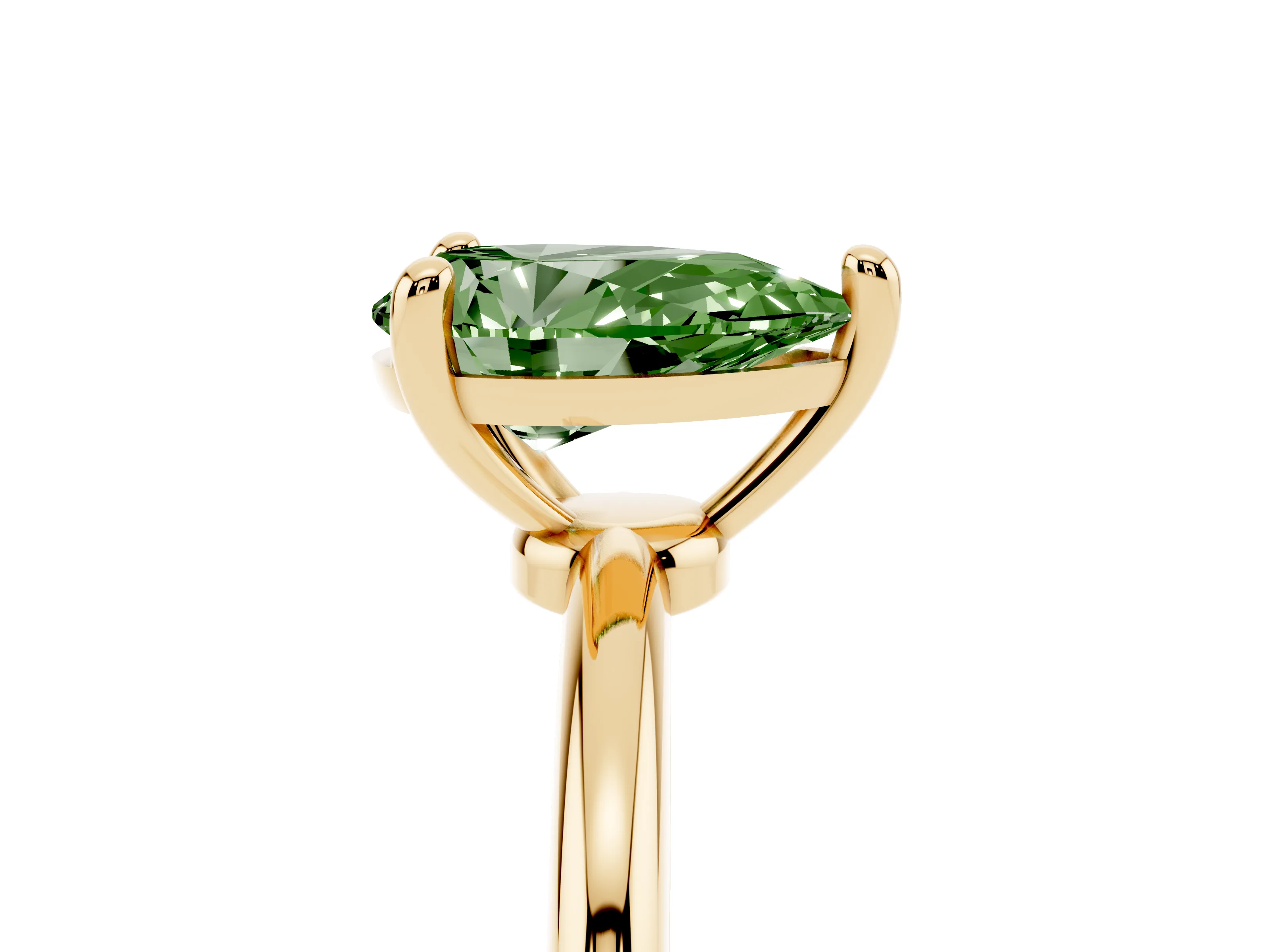 Fancy Green Pear Cut Diamond Solitaire Ring Set in Yellow gold with Secure Prong Setting on a Classic Band