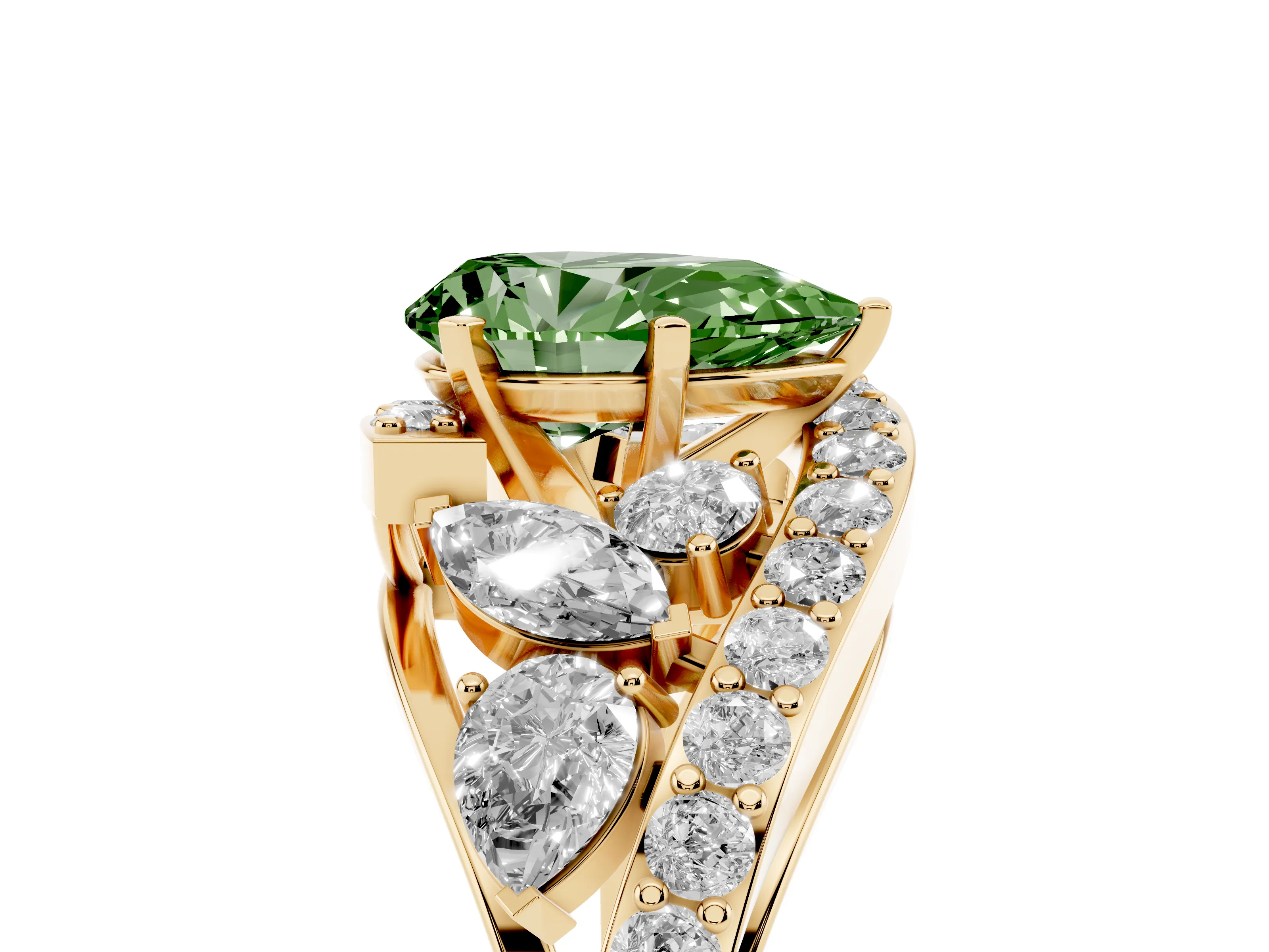 Fancy Green Pear Cut Diamond Halo Ring Set in Yellow gold with Marquise and Pavé Band in Prong Setting