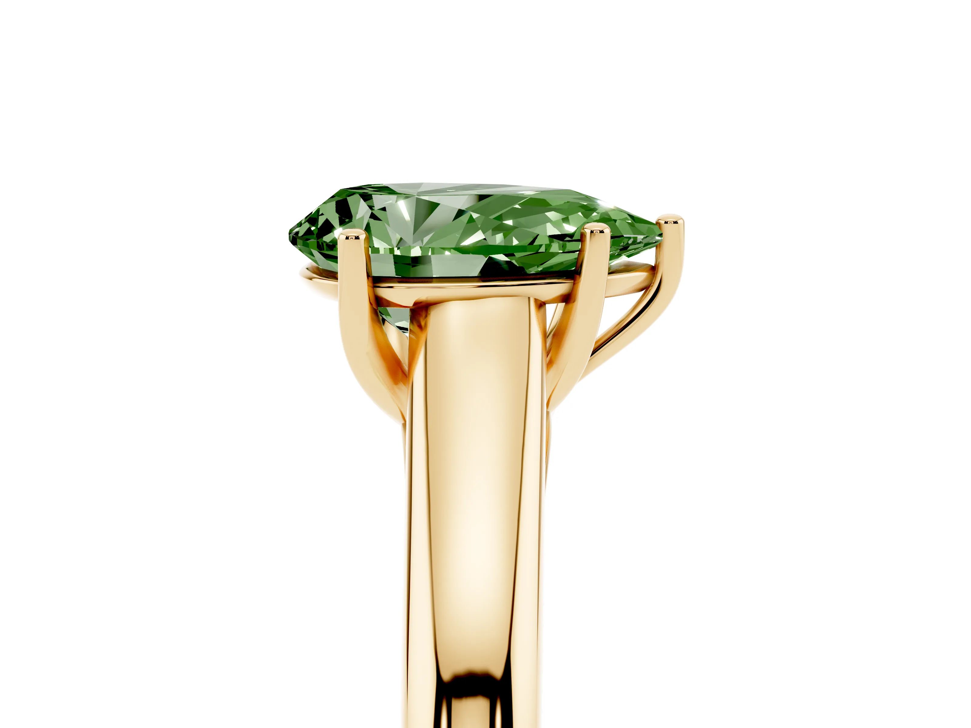 Fancy Green Pear Cut Diamond Solitaire Engagement Ring Set in Yellow gold with Subtly Tapered Band and Prong Setting