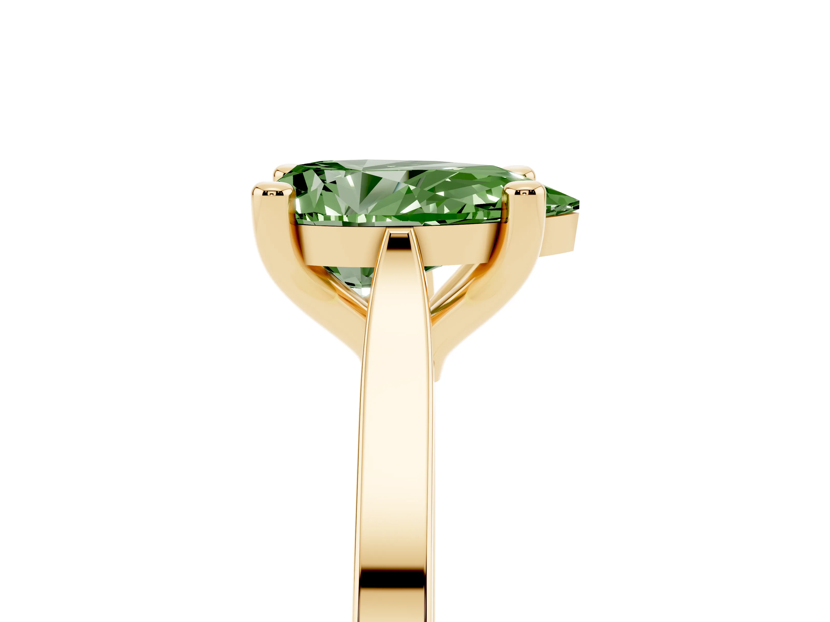Fancy Green Pear Cut Diamond Solitaire Ring Set in Yellow gold with Prong Setting and Tapered Band