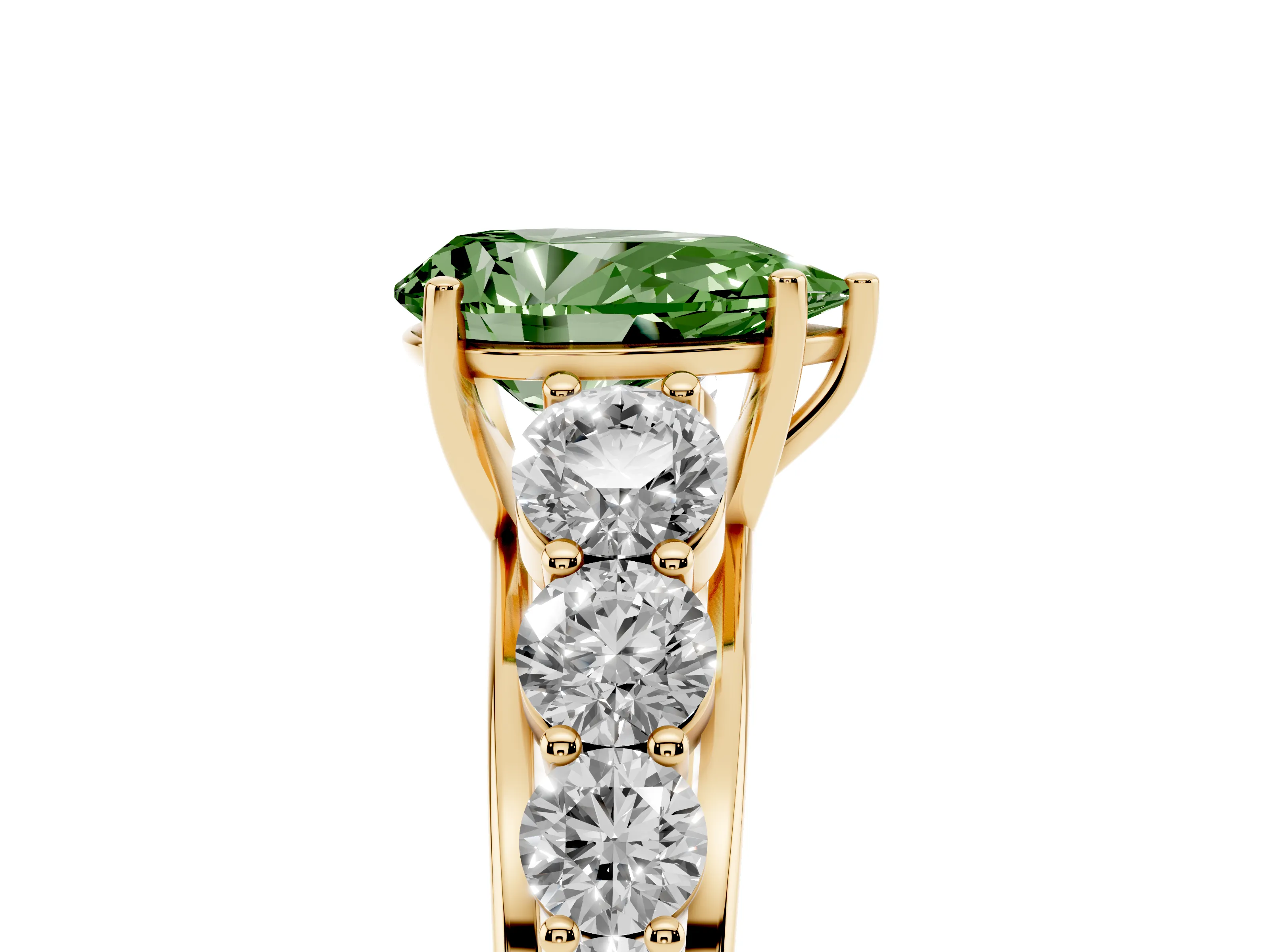 Fancy Green Pear Cut Diamond Solitaire Ring Set in Yellow gold with Pavé-Set Band and Prong Setting