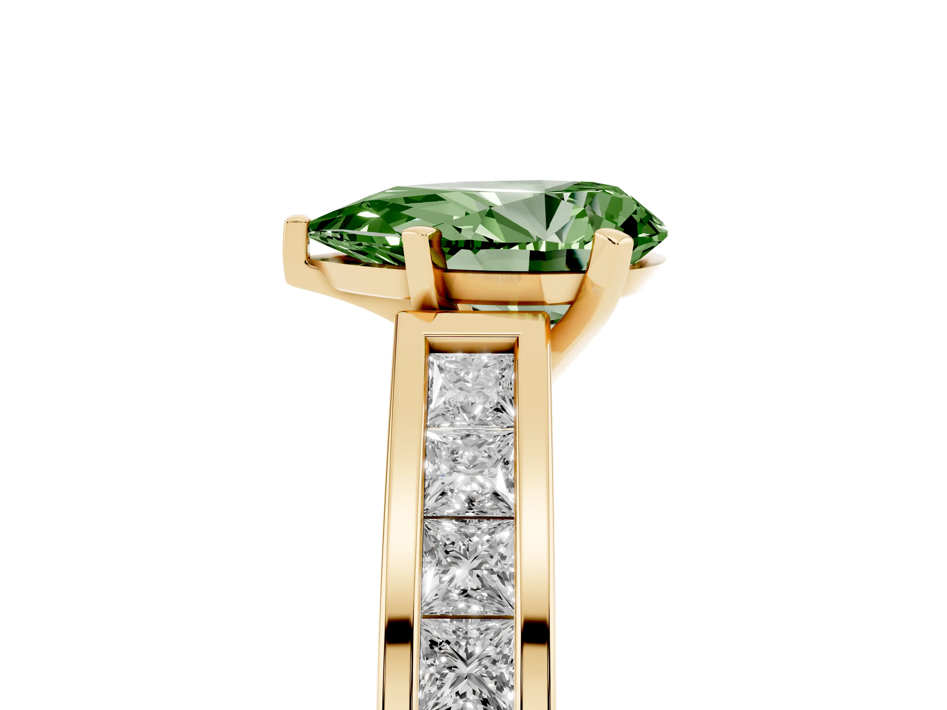 Fancy Green Pear Cut Diamond Solitaire Ring Set in Yellow gold with Channel-Set Band and Prong Setting