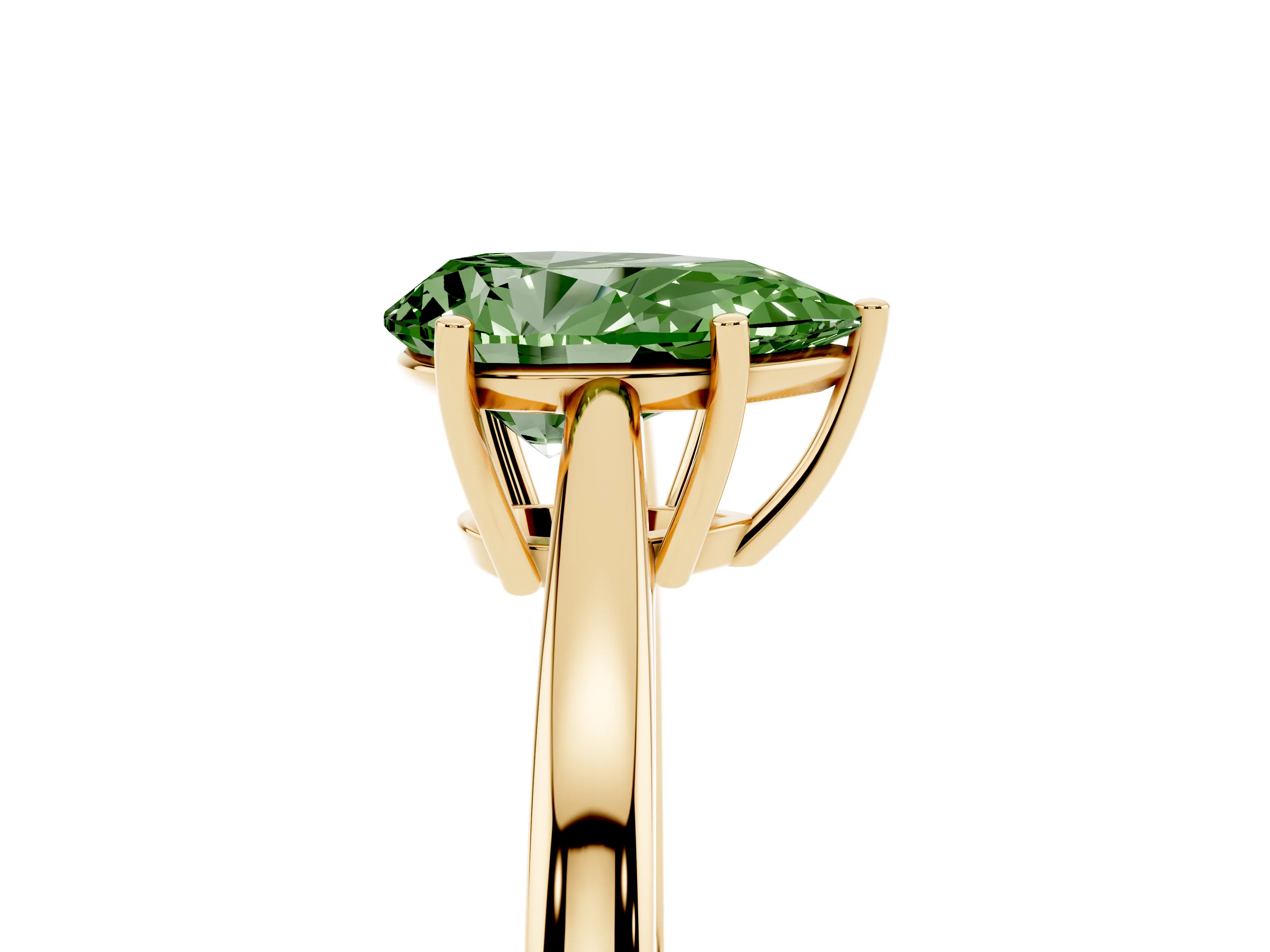 Fancy Green Pear Cut Diamond Solitaire Ring Set in Yellow gold with Split Shank and Prong Setting