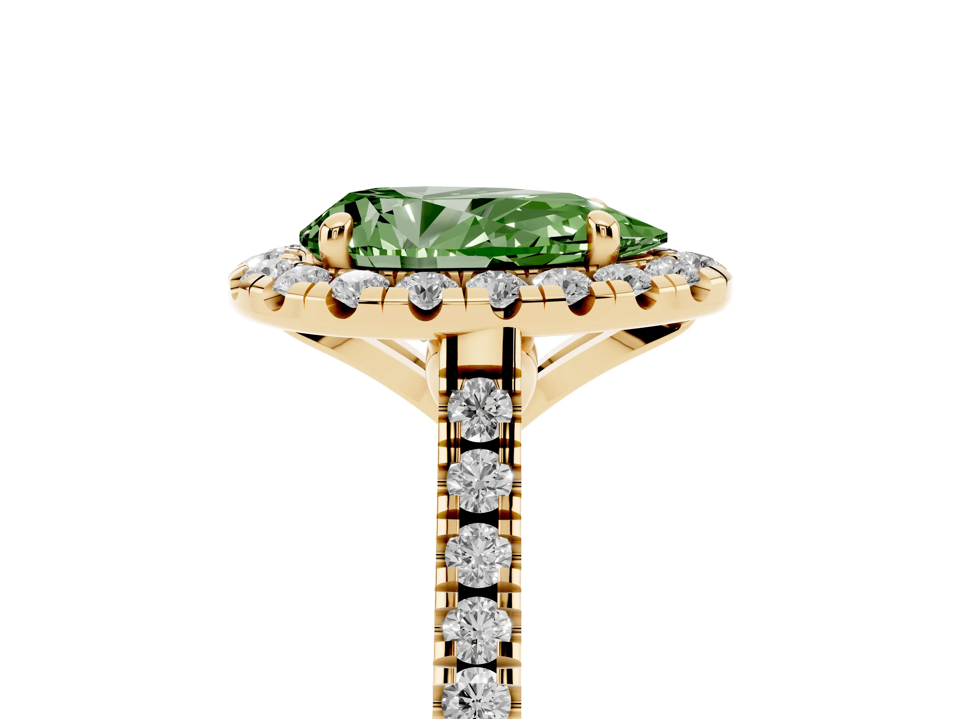 Fancy Green Pear Cut Diamond Cushion Halo Ring Set in Yellow gold with Pavé Band