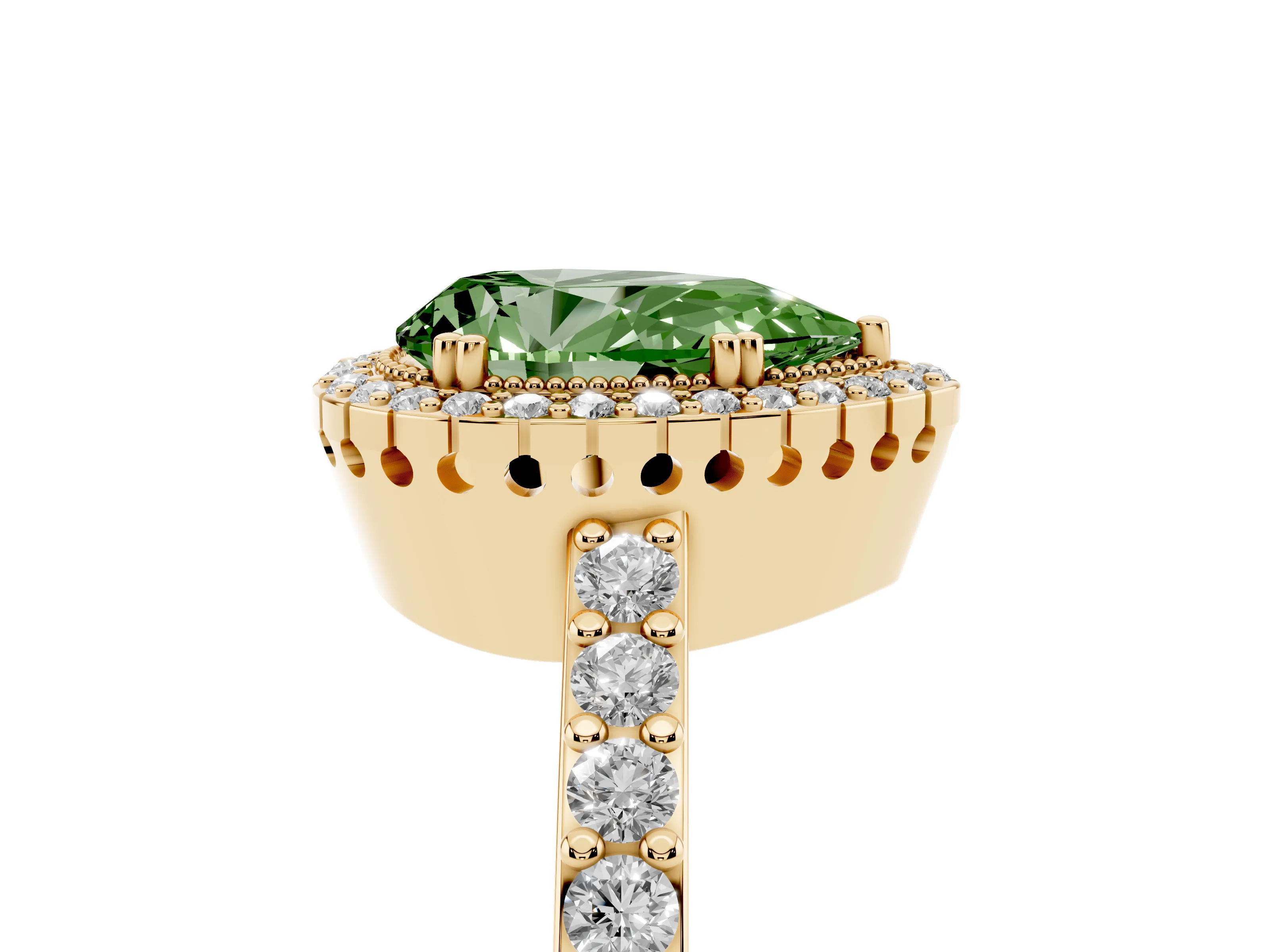 Fancy Green Pear Cut Diamond Halo Engagement Ring Set in Yellow gold with Milgrain Detail and Pavé Band