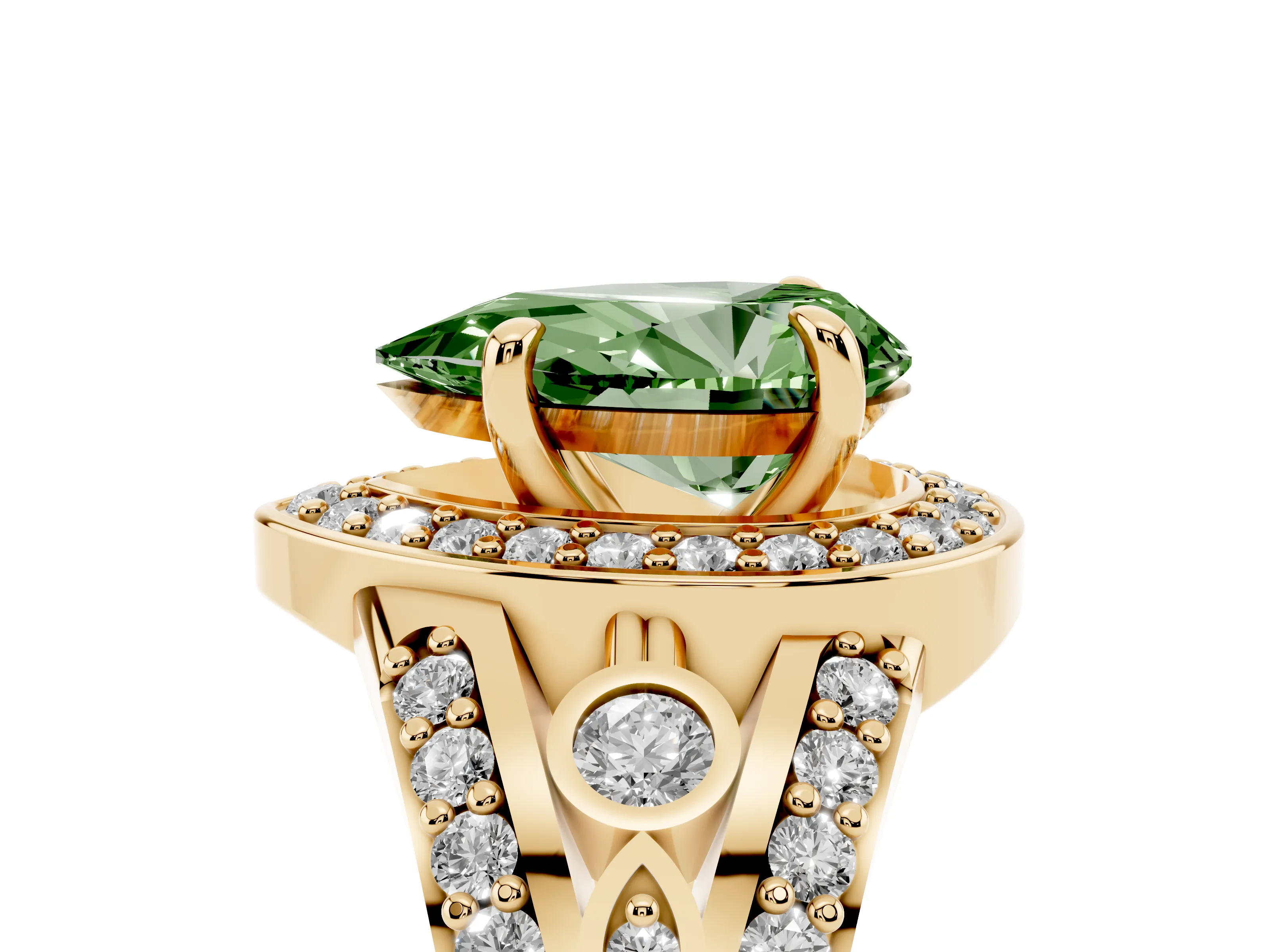 Fancy Green Pear Cut Diamond Halo Ring Set in Yellow gold with Pavé Split Shank and Bezel Accents