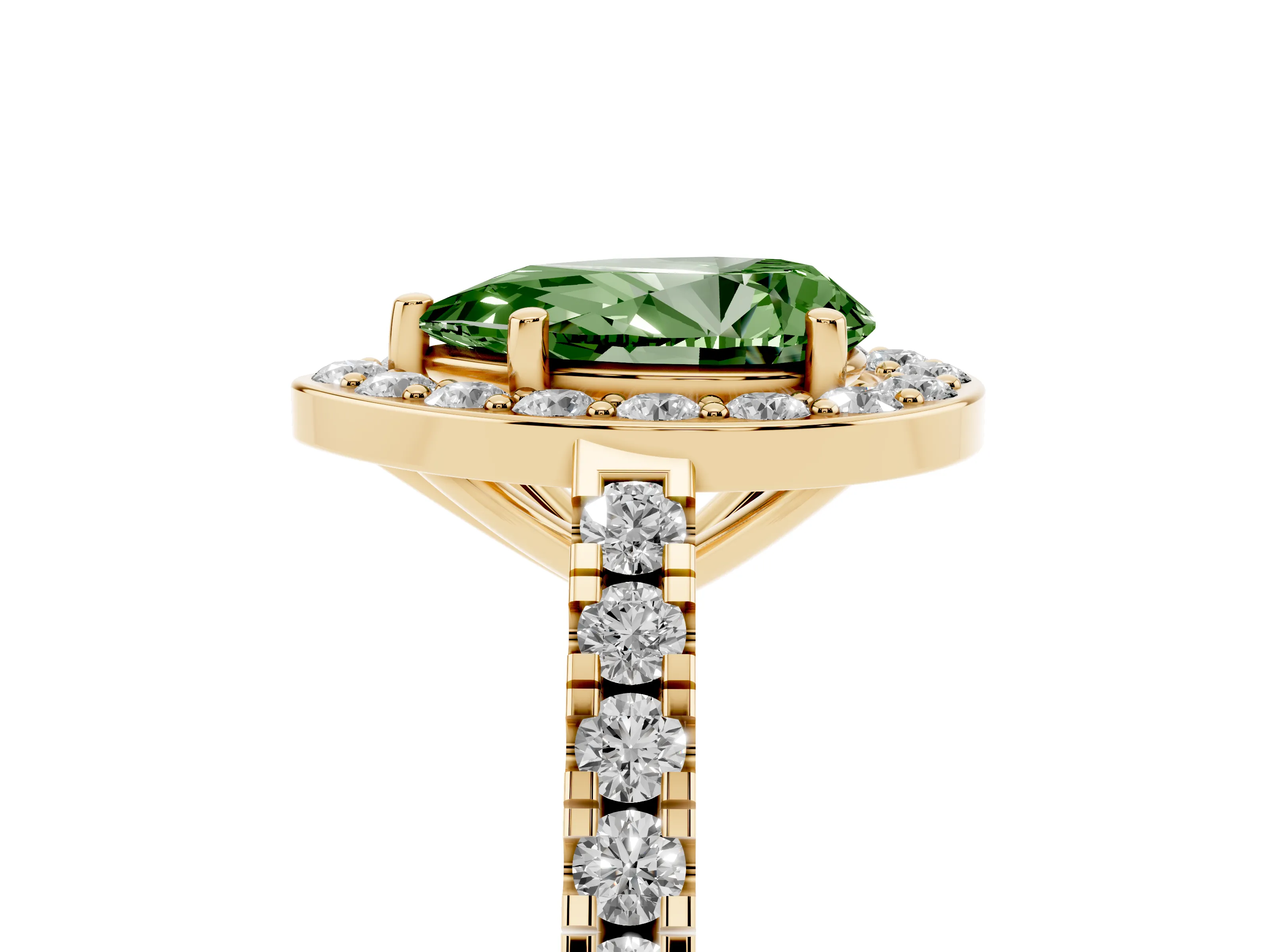 Fancy Green Pear Cut Diamond Halo Ring Set in Yellow gold with Round Pavé Split Shank and Prong Setting