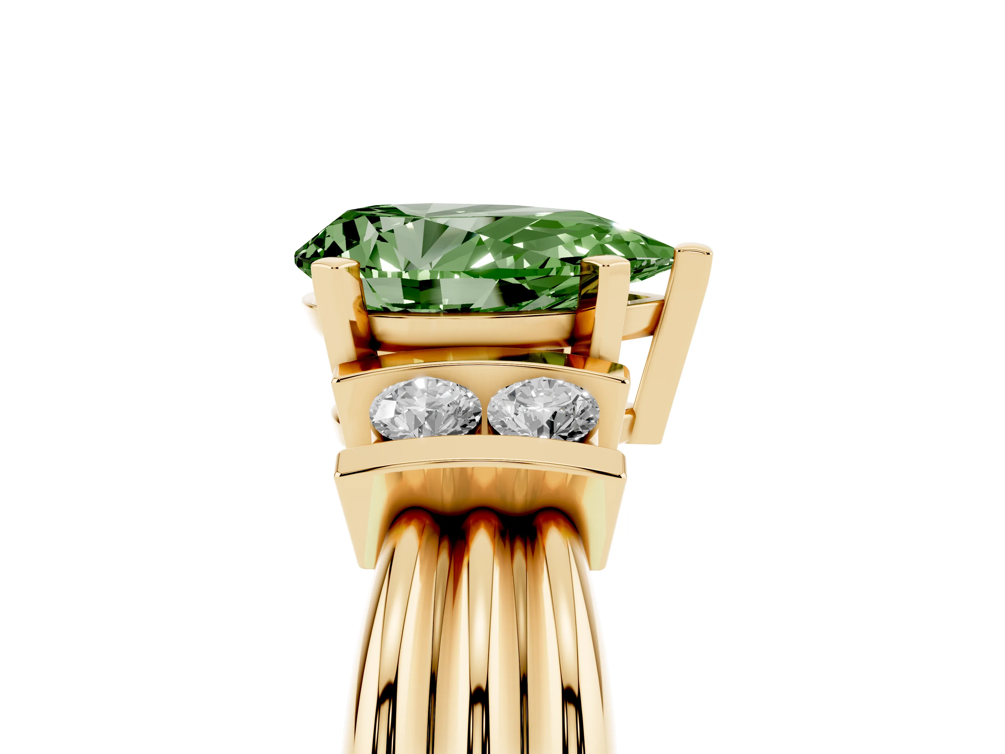 Fancy Green Three-Stone Pear Cut Diamond Channel Set Ring Set in Yellow gold with Bar Prongs