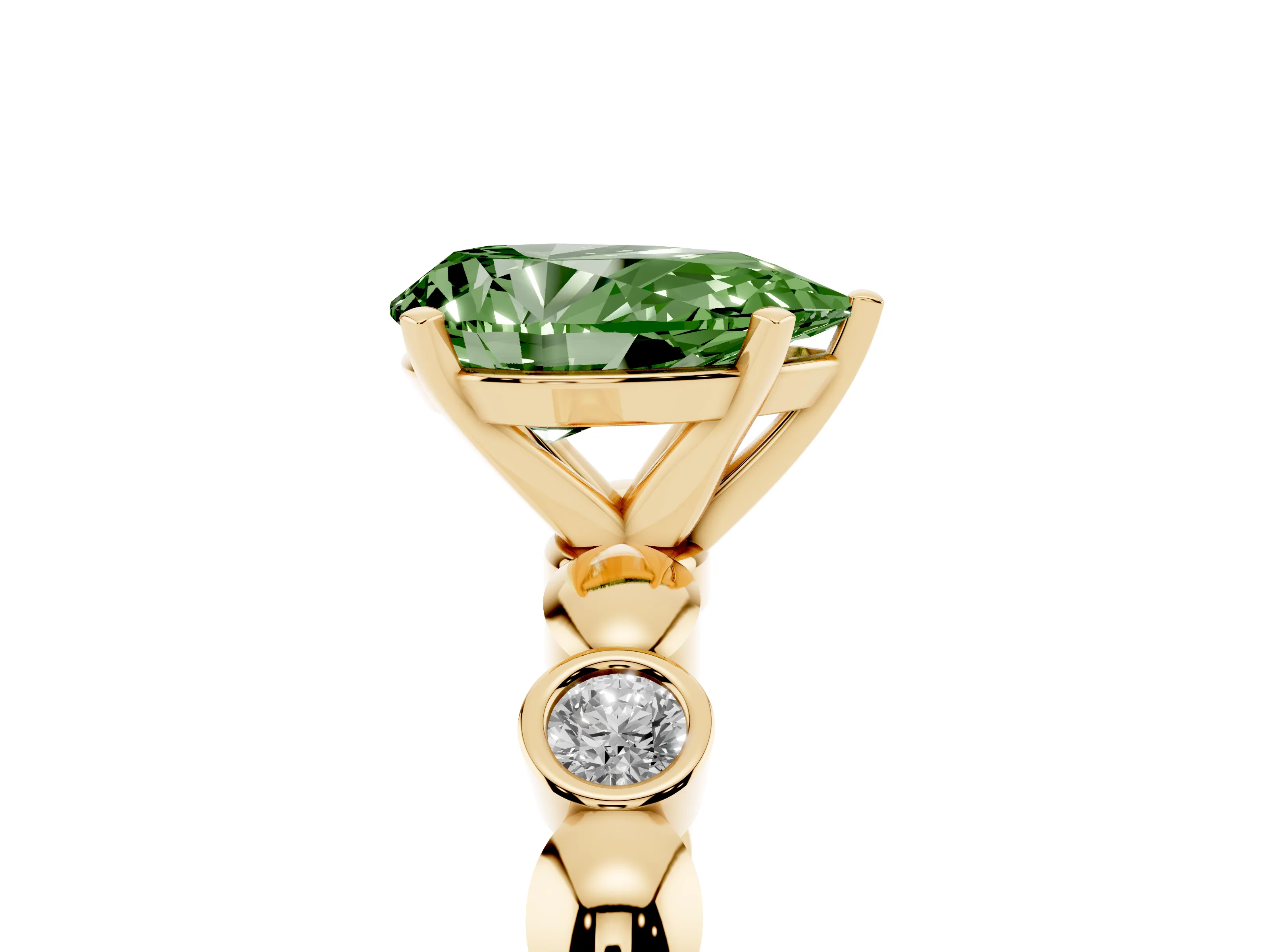 Fancy Green Pear Cut Diamond Solitaire Ring Set in Yellow gold with Bezel-Set Accents on Beaded Band and Prong Setting