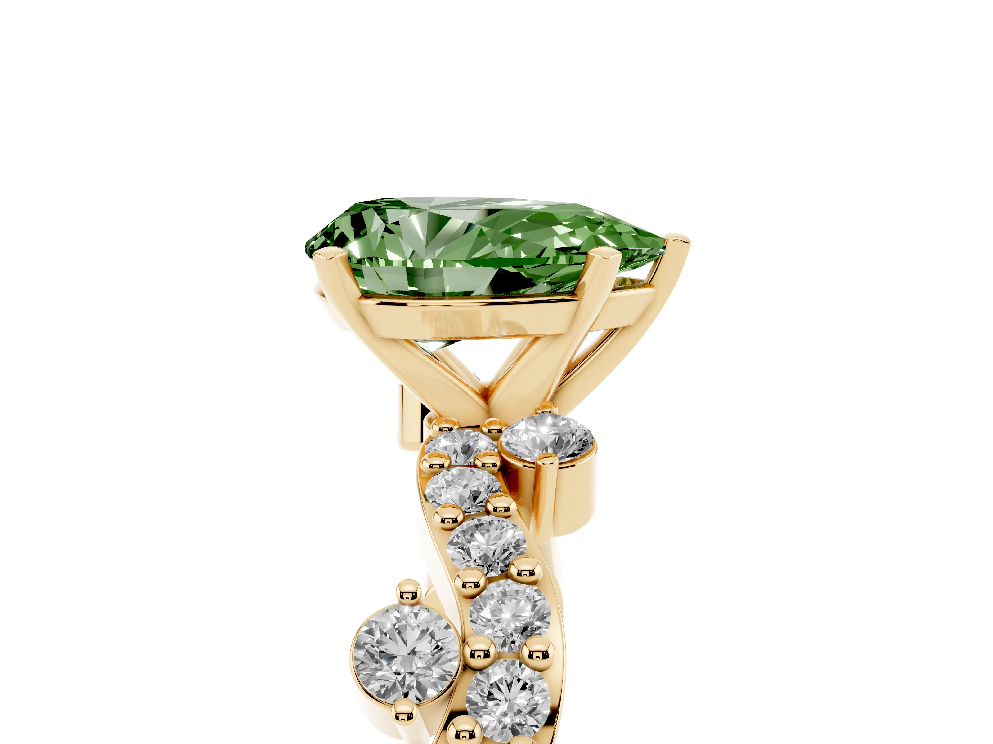 Fancy Green Pear Cut Diamond Solitaire Twisted Band Set in Yellow gold with Pavé Setting
