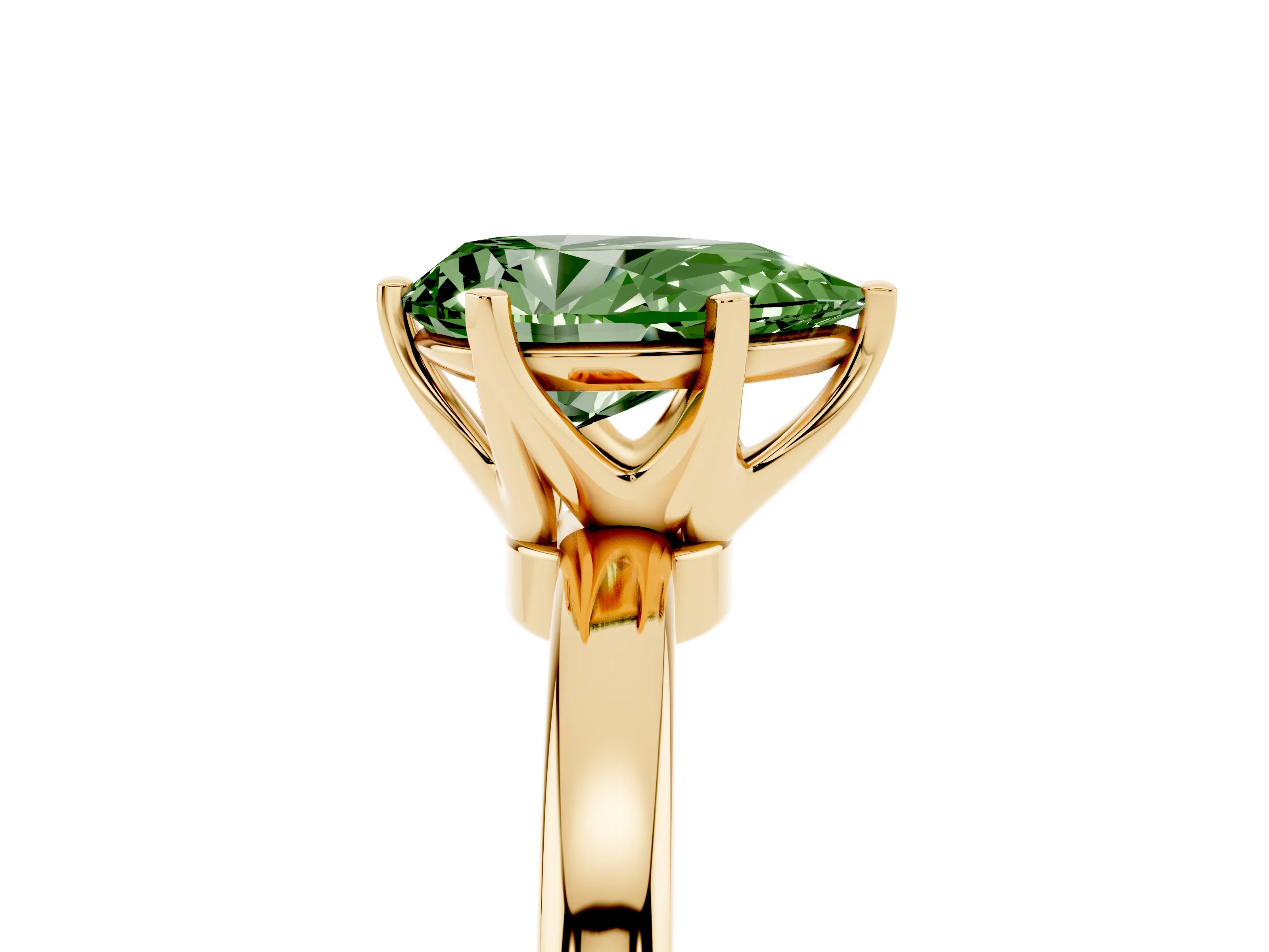 Fancy Green Pear Cut Diamond Solitaire Ring Set in Yellow gold with Raised Prong Setting on a Classic Band