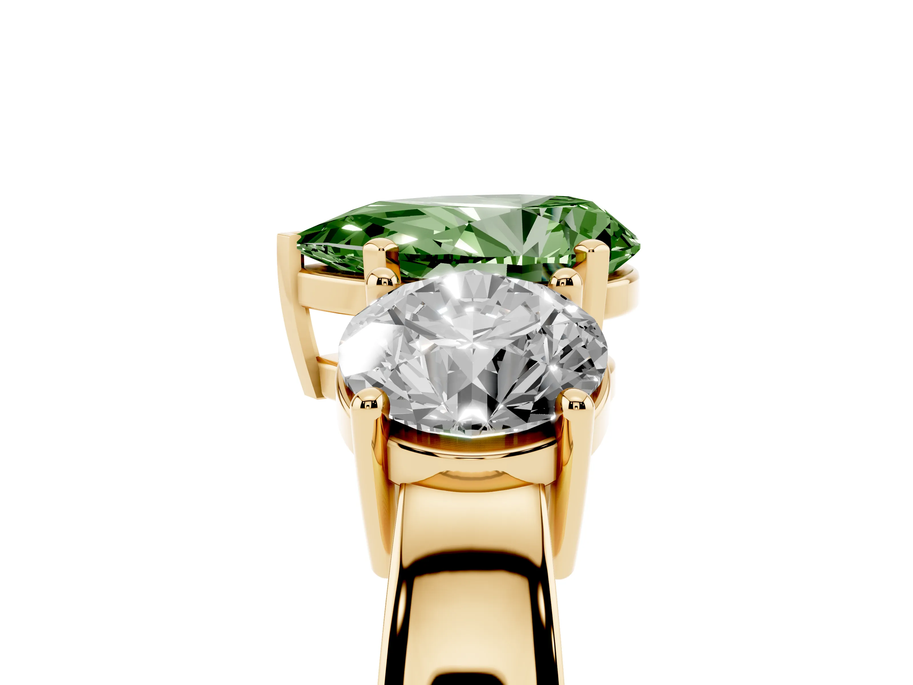 Fancy Green Pear Cut Diamond Three-Stone Ring Set in Yellow gold with Round Side Stones and Classic Band
