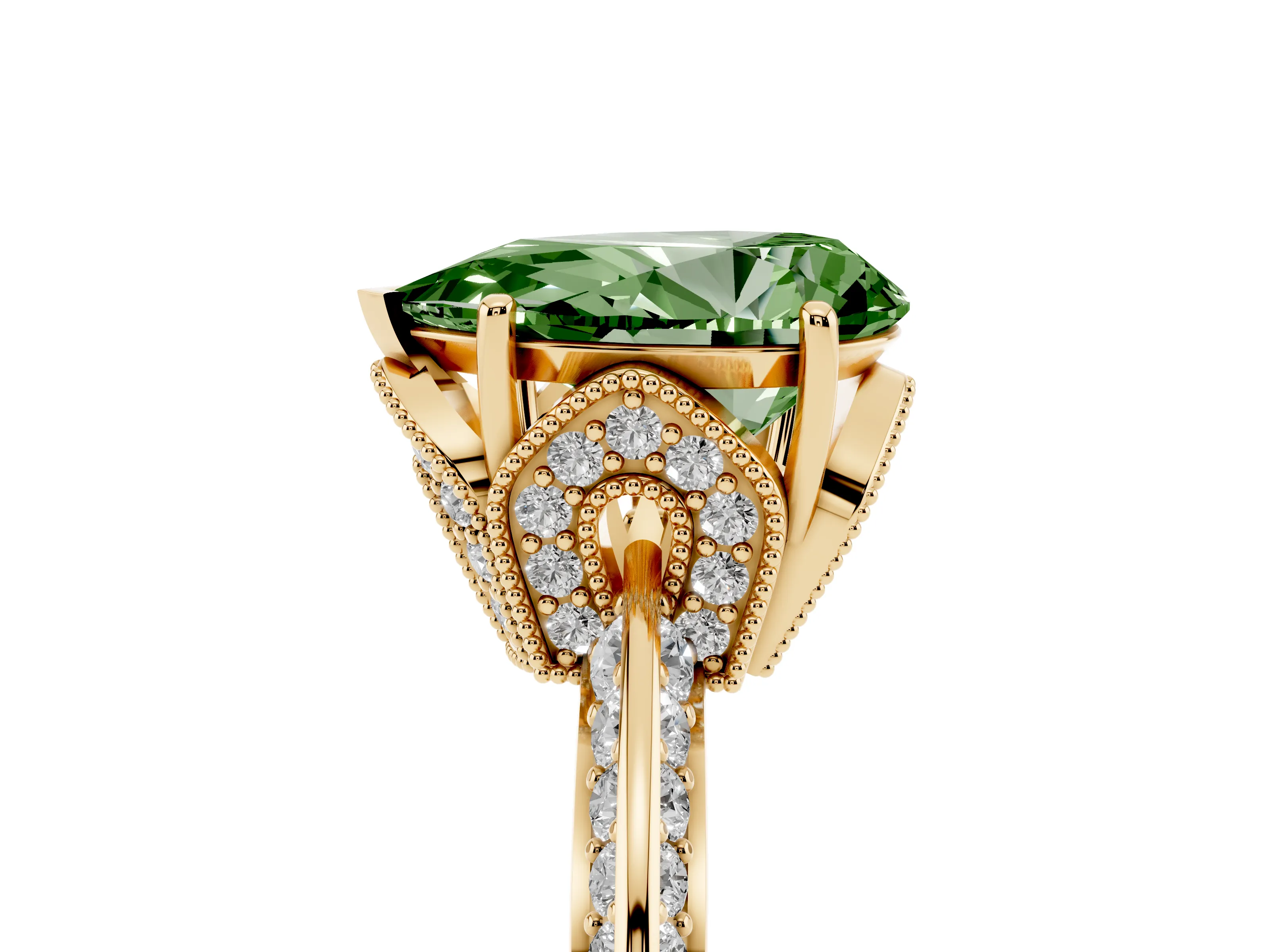 Fancy Green Pear Cut Diamond Solitaire Engagement Ring Set in Yellow gold with Pavé Split Shank and Prong Setting