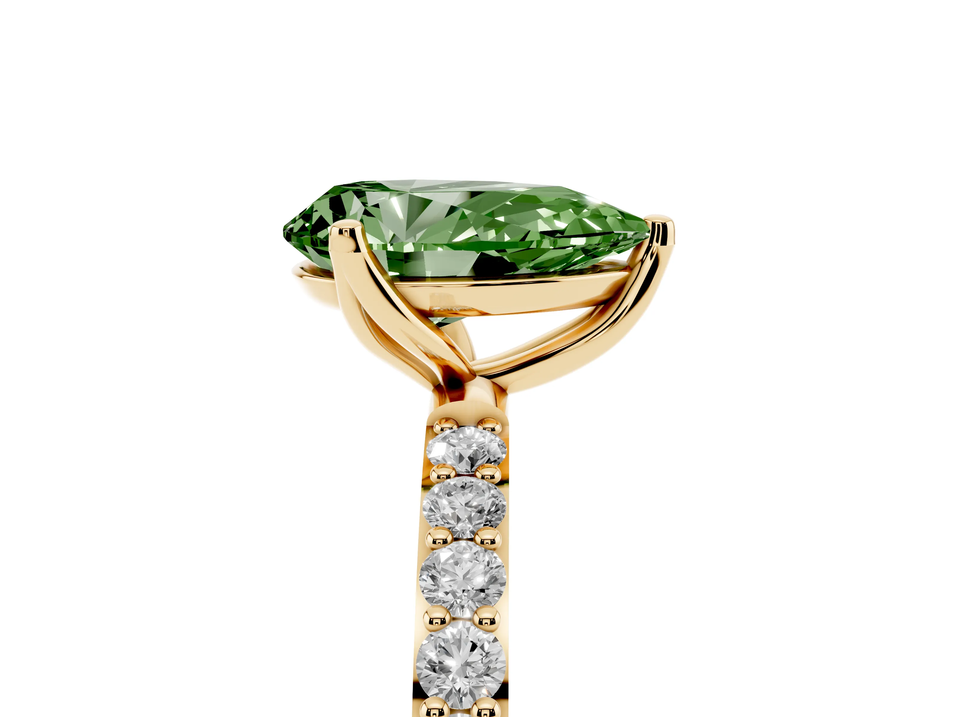 Fancy Green Pear Cut Diamond Solitaire Engagement Ring Set in Yellow gold with Round Pavé Band and Prong Setting