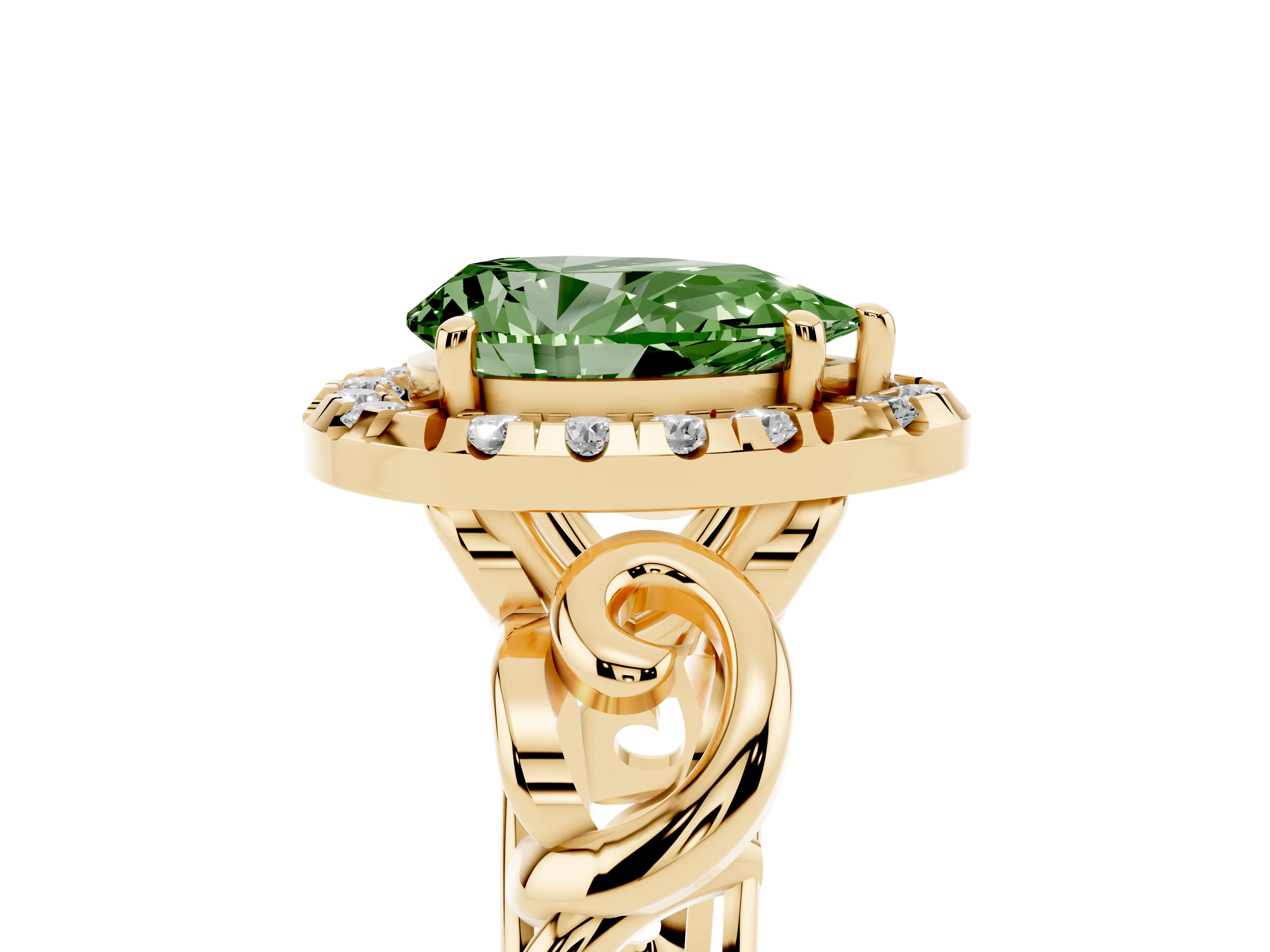 Fancy Green Pear Cut Diamond Halo Ring Set in Yellow gold with Scrollwork Band and Prong Setting