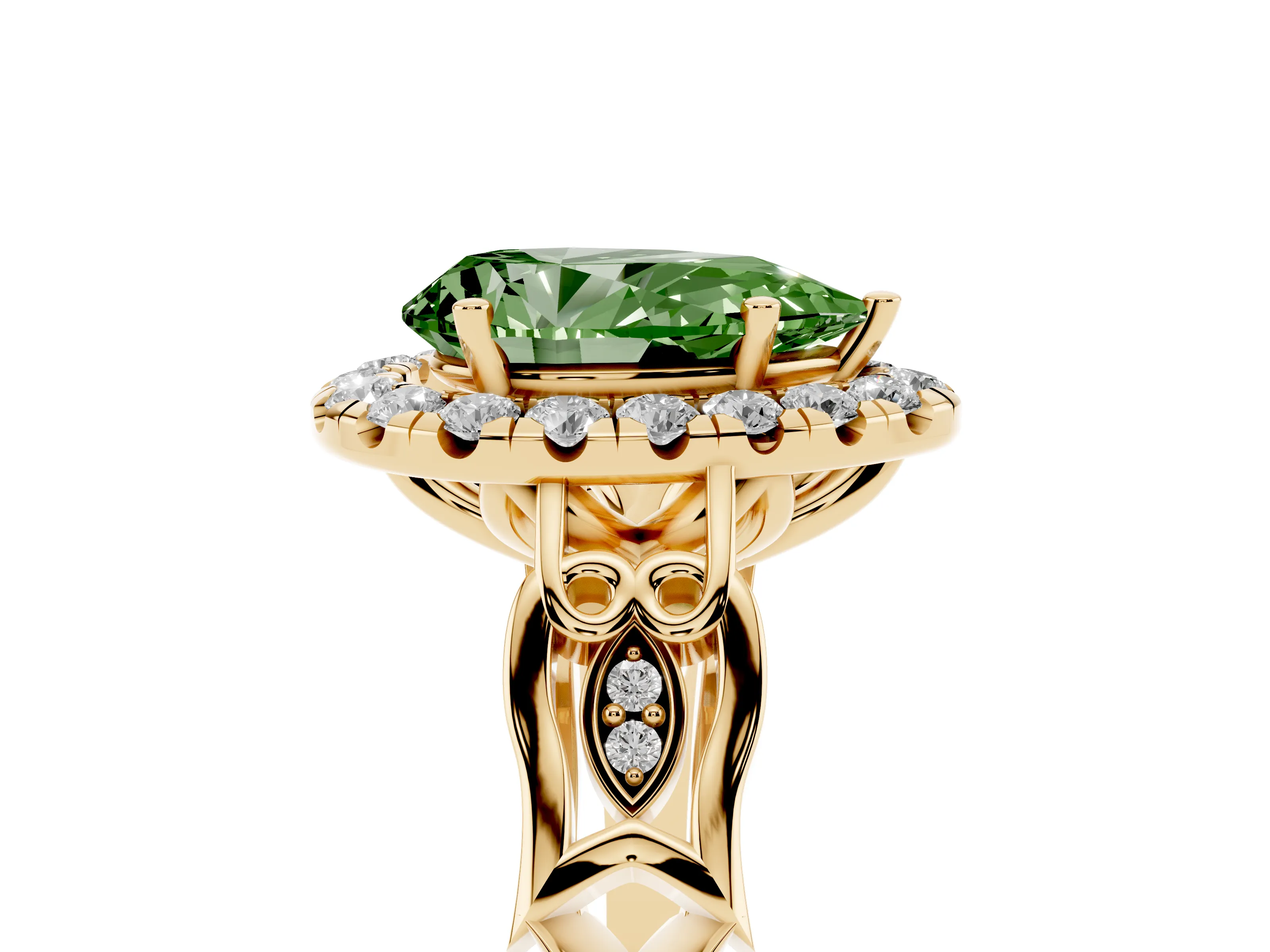 Fancy Green Pear Cut Diamond Halo Engagement Ring Set in Yellow gold with Filigree Band and Prong-Set Center