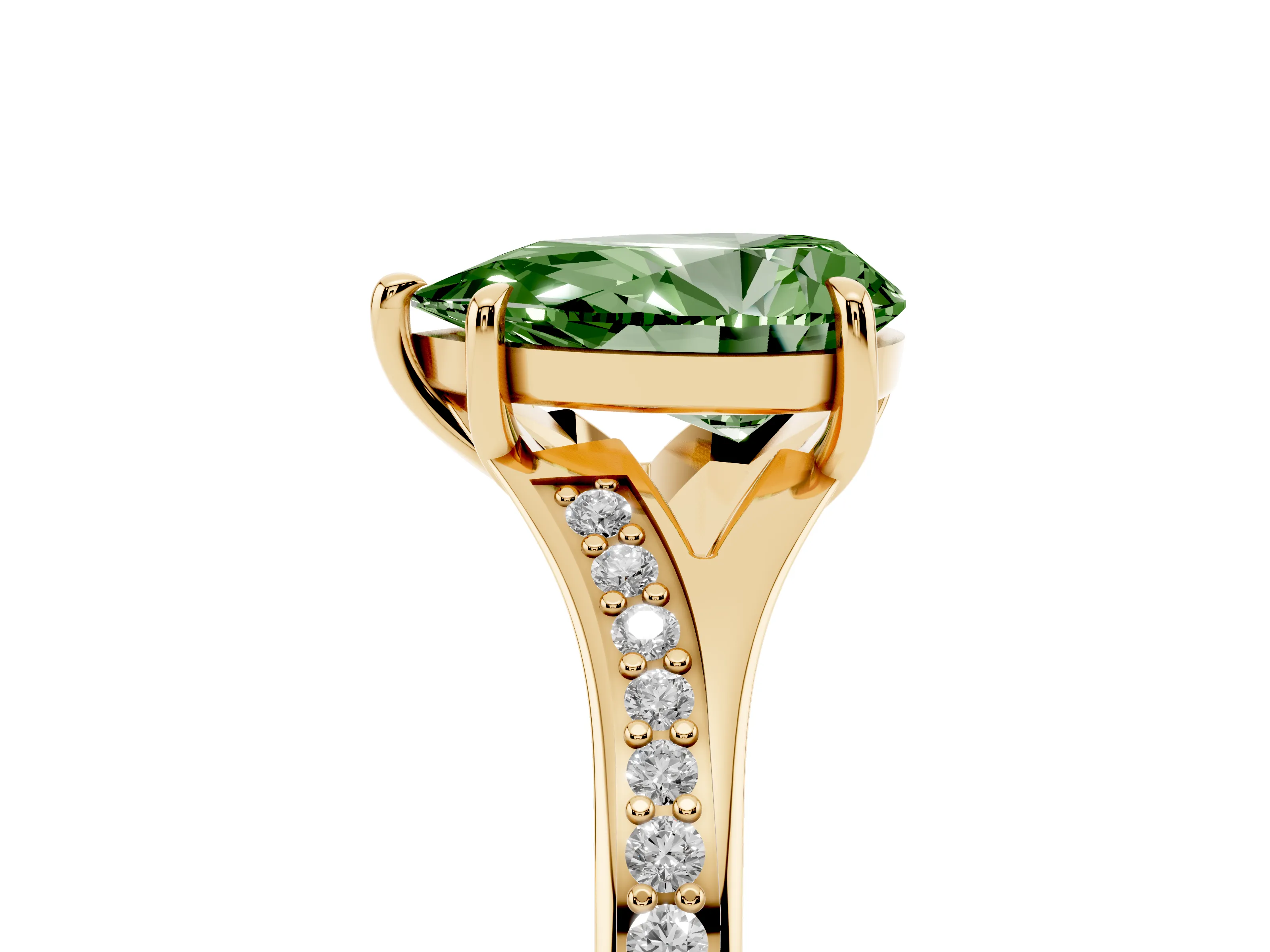 Fancy Green Pear Cut Diamond Solitaire Ring Set in Yellow gold with Pavé Accent Band and Classic Prong Setting