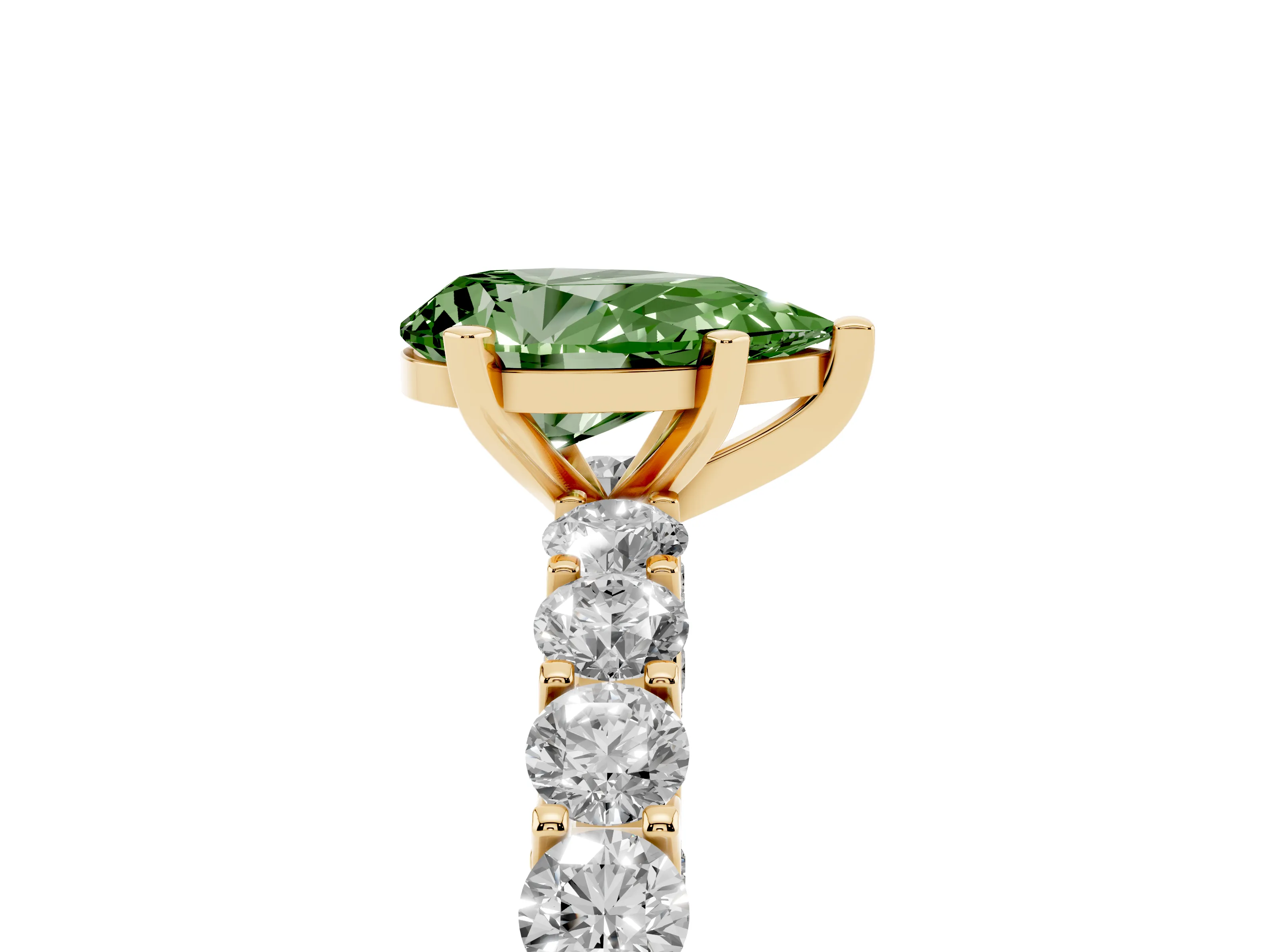 Fancy Green Pear Cut Diamond Solitaire Ring Set in Yellow gold with Shared Prong Pavé Band